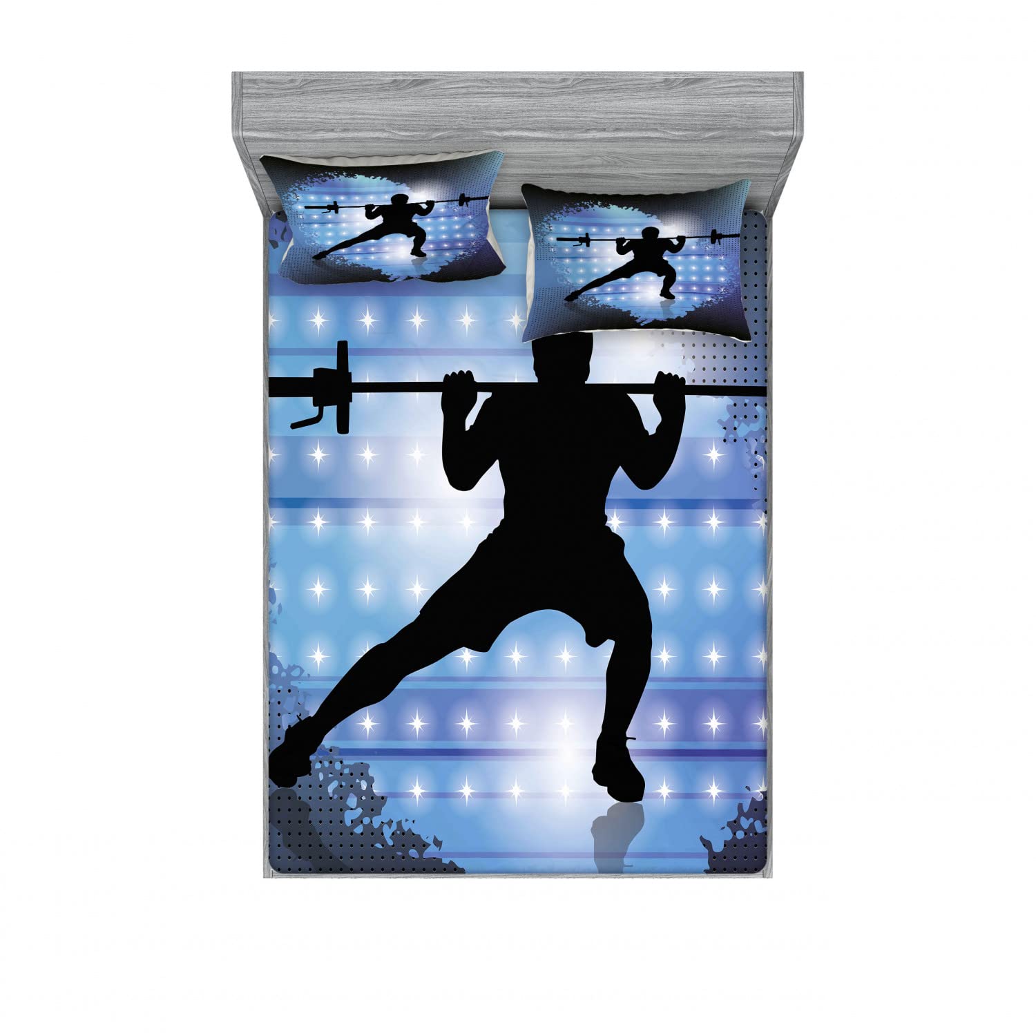 Ambesonne Fitness 2-Pack King Size Fitted Sheet & Pillow Sham Set - Weightlifter Silhouette Design - 4-Piece Bedding Decor in Pale Blue, Black & White - Includes 2 Fitted Sheets & 4 Pillow Covers - Perfect for Gym Enthusiasts & Home Workout Spaces