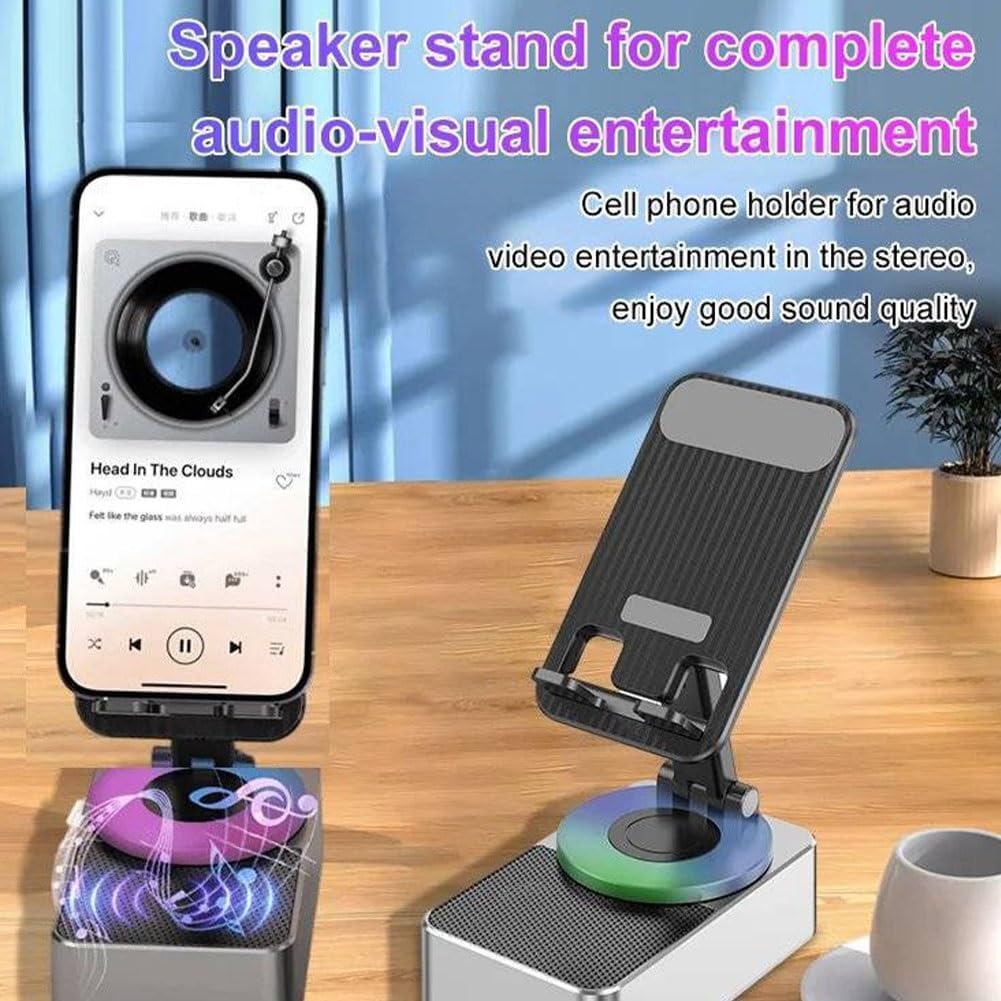 Bluetooth Audio Power Phone Holder - Foldable Cell Phone Stand with Wireless Speaker, 360° Rotatable & Adjustable, Dual USB Charging Ports (2-Pack) - Perfect for Home Office, Car, Bedside & Video Calls