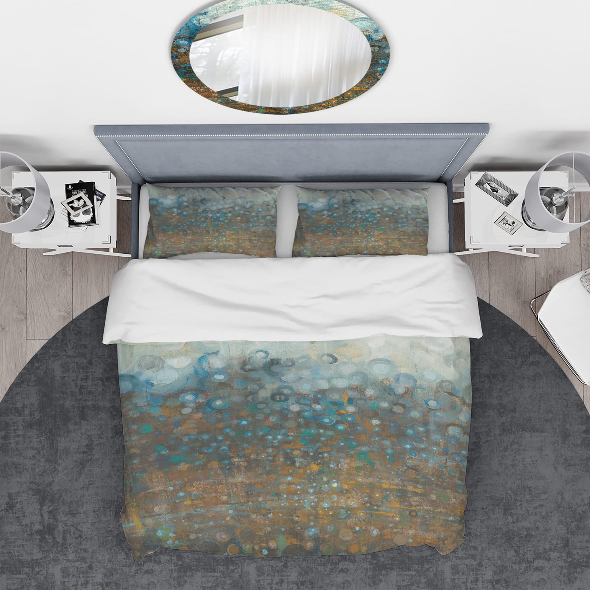 DesignQ Blue and Bronze Dots Modern Duvet Cover Set - King Size 3-Piece Abstract Bedding | All-Season Contemporary Luxury Bedroom Decor for Master Bedroom or Guest Room