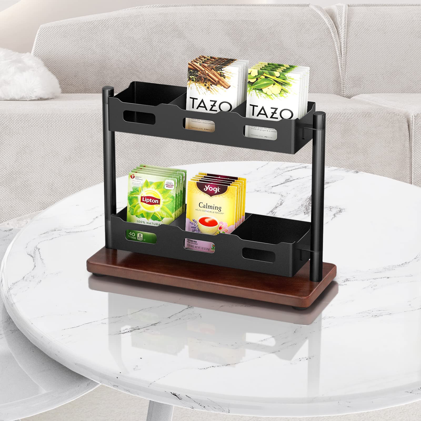 2-Tier Wooden Tea Bag Organizer - Vertical Countertop Tea Storage Rack for Tea Bags - Black Solid Wood Tea Holder - Perfect for Kitchen Countertops, Pantry Organization & Tea Lovers' Gift