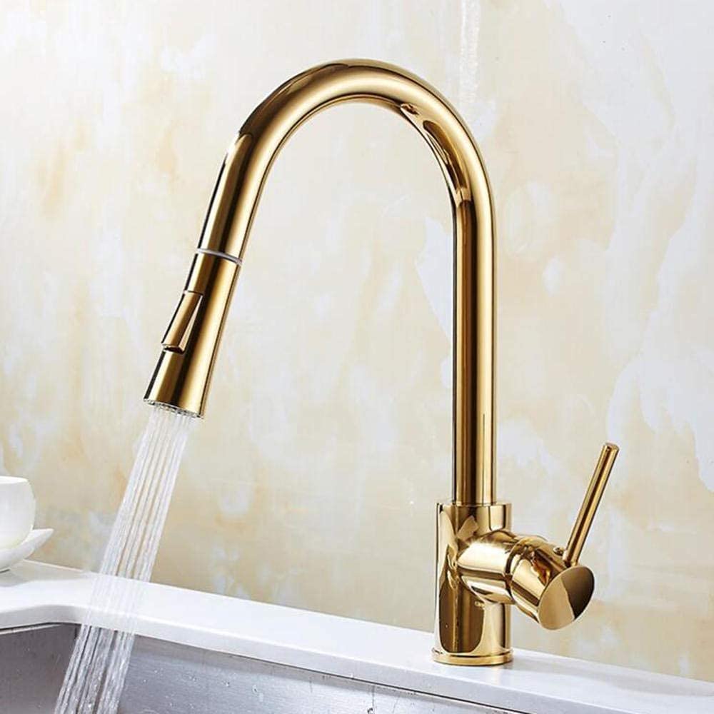 Gold Pull Down Kitchen Faucet with Sprayer - 360° Rotating Brass Single Hole Faucet for Hot & Cold Water - Perfect for Modern Kitchens & Food Prep Areas