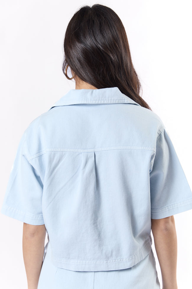 Trendy Ice Blue Cropped Denim Top for Women - Fashionable Streetwear & Summer Outfits | Perfect for Casual Wear, Beach Days & Music Festivals