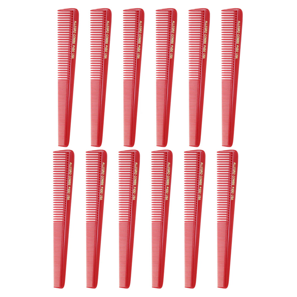 Allegro Combs 450 Professional Tapered Barber Hair Cutting Combs - 12 Pack Black Styling Combs for Fade, Undercut & Precision Haircuts | Salon & Home Use