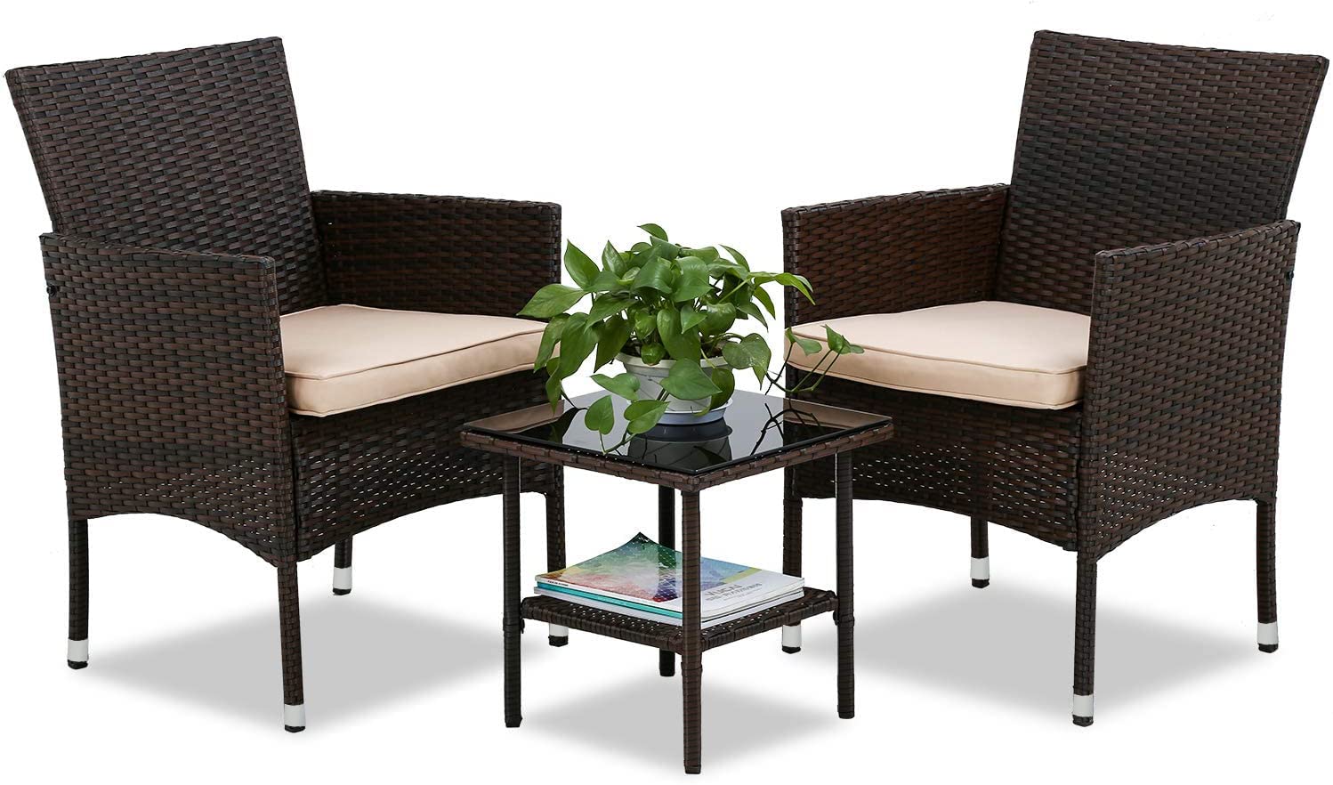 3-Piece Outdoor Patio Furniture Set - Wicker Bistro Table & Rattan Chairs with Coffee Table - Brown Garden Conversation Set for Porch, Yard & Outdoor Dining | Weather-Resistant & Comfortable