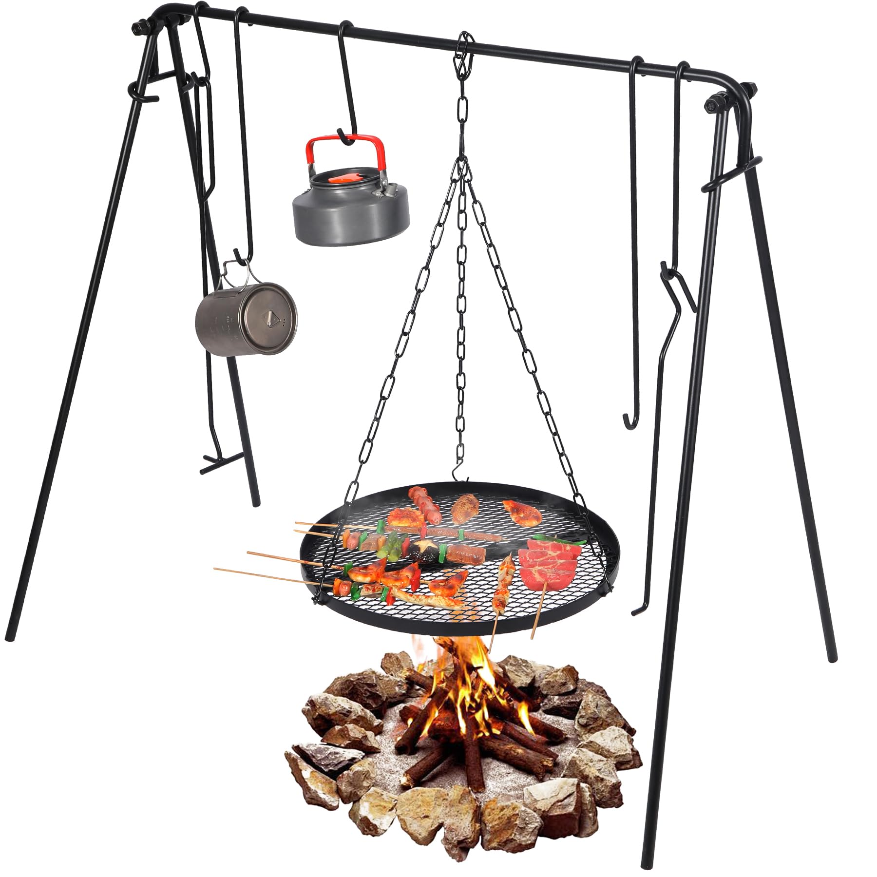 REDCAMP Collapsible Campfire Grill Stand with Iron Grate - Portable Outdoor Cooking Rack with 6 Hooks for Dutch Oven & Cookware - Perfect for Camping, Backpacking & Bonfire Cooking