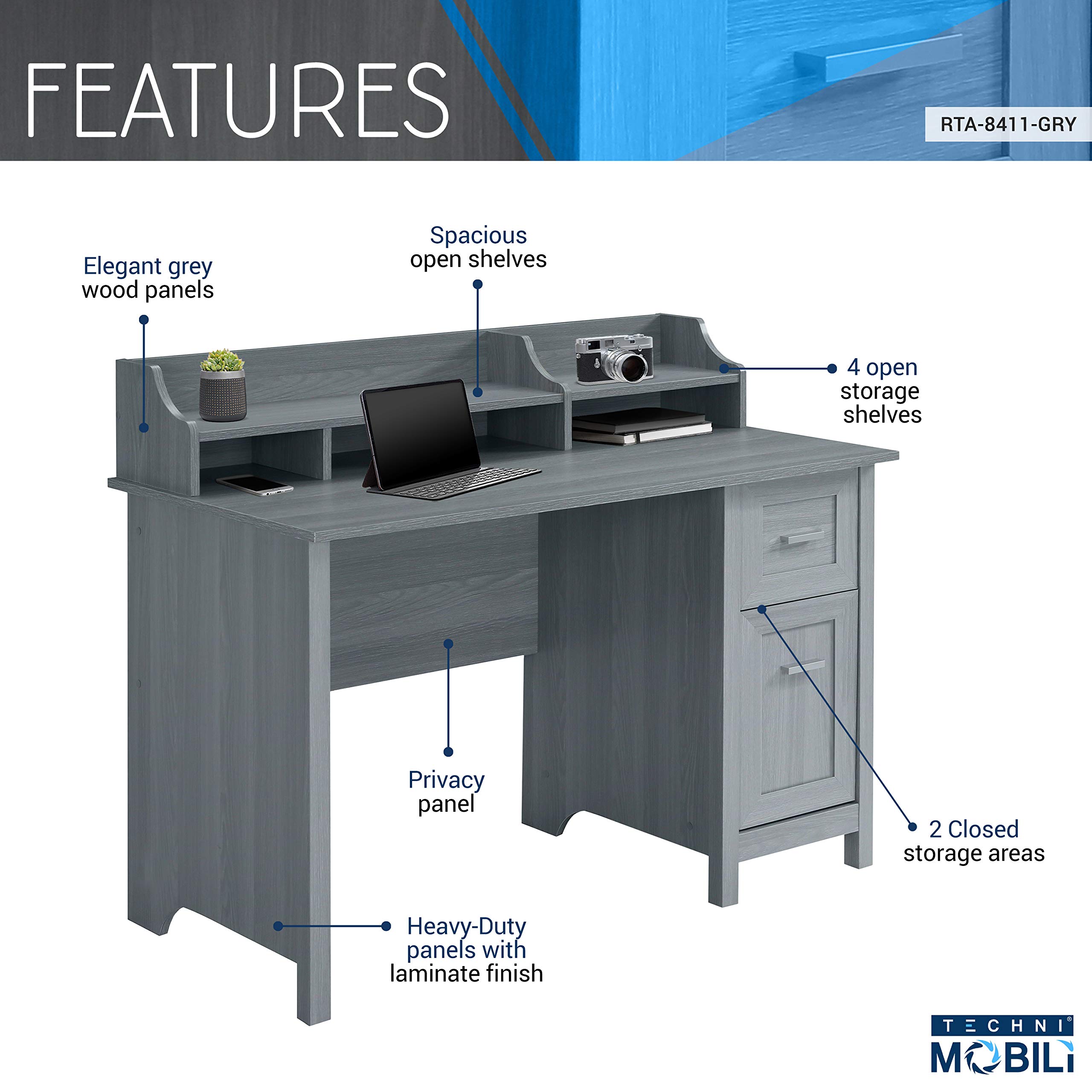 Techni Mobili Classic Office Storage Writing Desk - Grey, Modern Computer Desk with Drawers for Home Office, Study & Workspace Organization