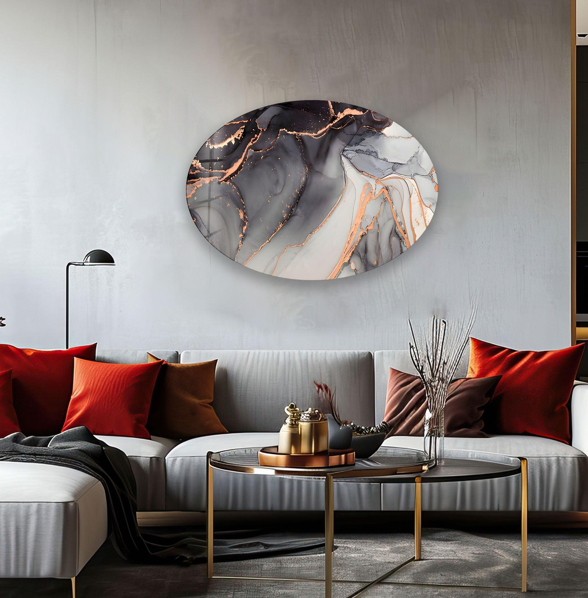 Abstract Black Alcohol Ink Glass Wall Art - Handmade Oval Asymmetrical Design for Modern Home & Office Decor - Perfect for Living Room, Bedroom, or Office Wall Display