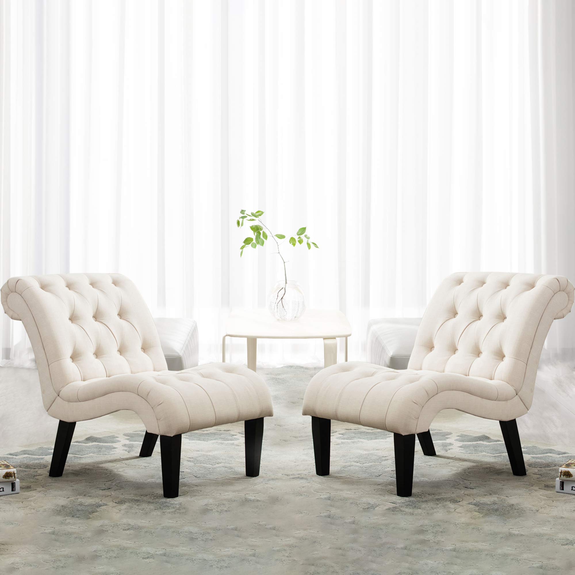 Yongqiang Set of 2 Upholstered Tufted Accent Chairs with Wood Legs & Linen Fabric - Modern Armless Side Chairs for Living Room, Bedroom, or Office Decor