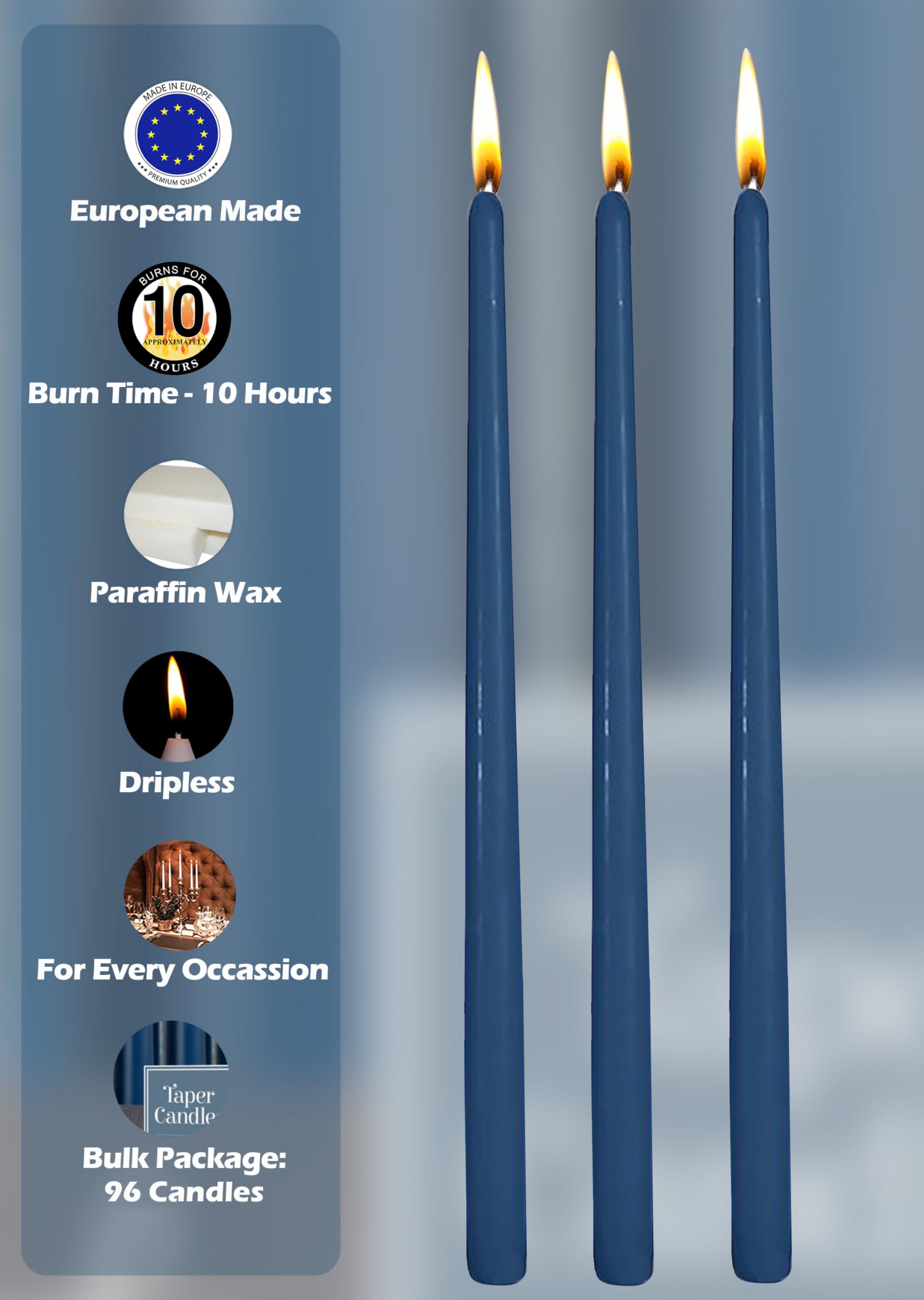 Hyoola 12 Inch Midnight Blue Unscented Dripless Taper Candles Bulk Pack of 96 - Long Lasting 10 Hour Burn Time - Perfect for Weddings, Dinner Parties, and Holiday Decorations
