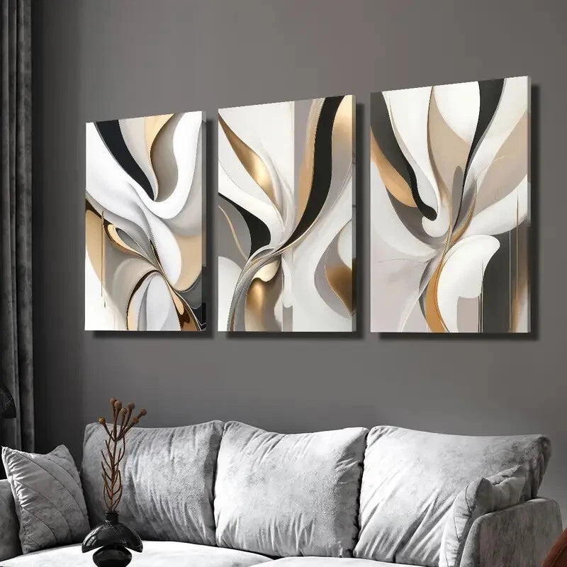 3-Piece Golden & White Swirls Framed Wall Art Set - 40x60cm Light Luxury Canvas Prints | High Quality Australian Made Ready-to-Hang Decor for Living Room, Bedroom & Office