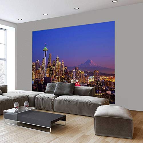 Seattle Skyline at Night with Mt. Rainier Wall Mural - Self-Adhesive Removable Peel & Stick Wallpaper for Home Decor - Perfect for Living Room, Bedroom & Office Spaces