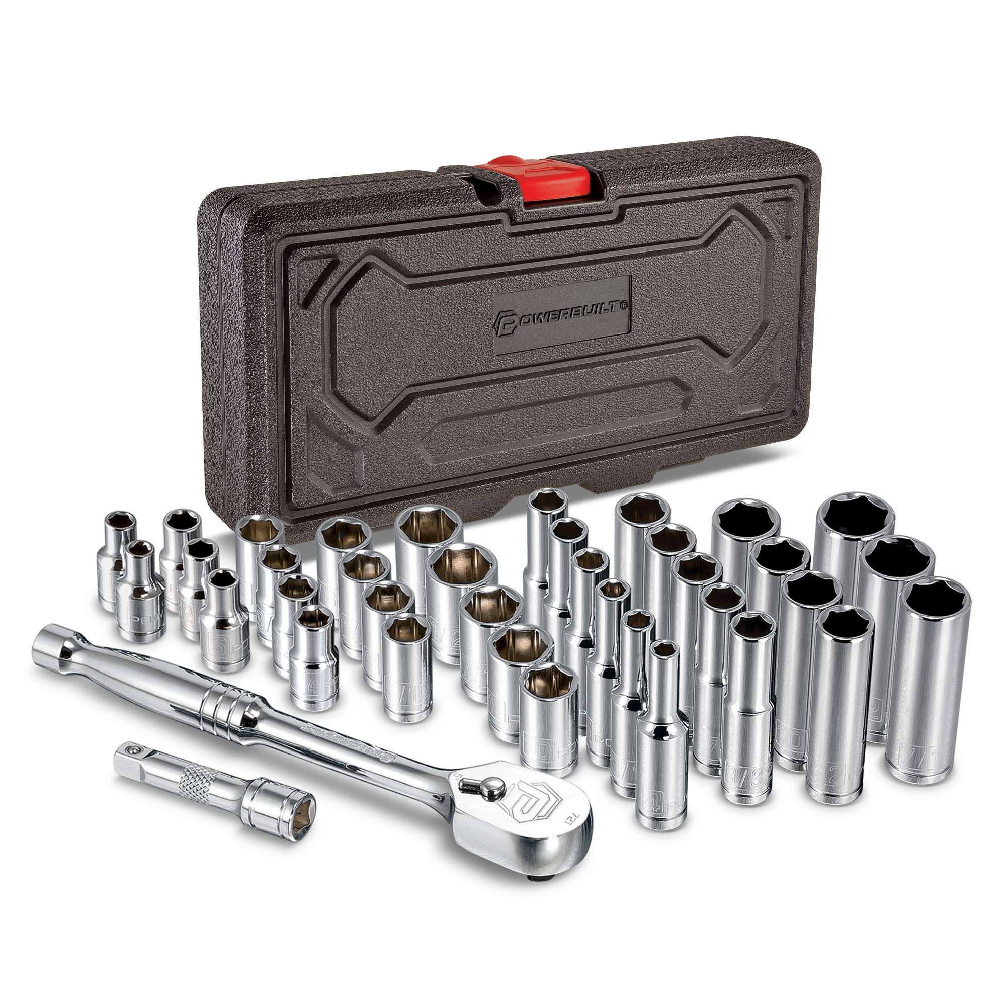 Powerbuilt 642450 38-Piece 1/4-Inch Drive Mechanics Tool Set - SAE & Metric Socket Set with 72-Tooth Ratchet, Automotive Repair Tools in Case - Perfect for Car Maintenance, DIY Projects & Professional Mechanics