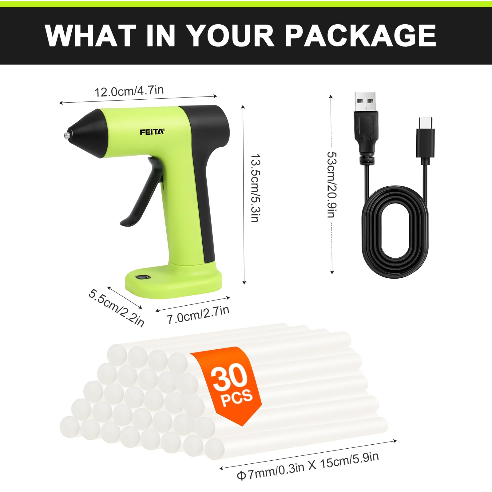 FEITA USB-C Rechargeable Cordless Hot Glue Gun Kit - 40S Fast Heating, 30 Mini Glue Sticks Included - Perfect for DIY Crafts, Home Repairs, School Projects & Holiday Decorations