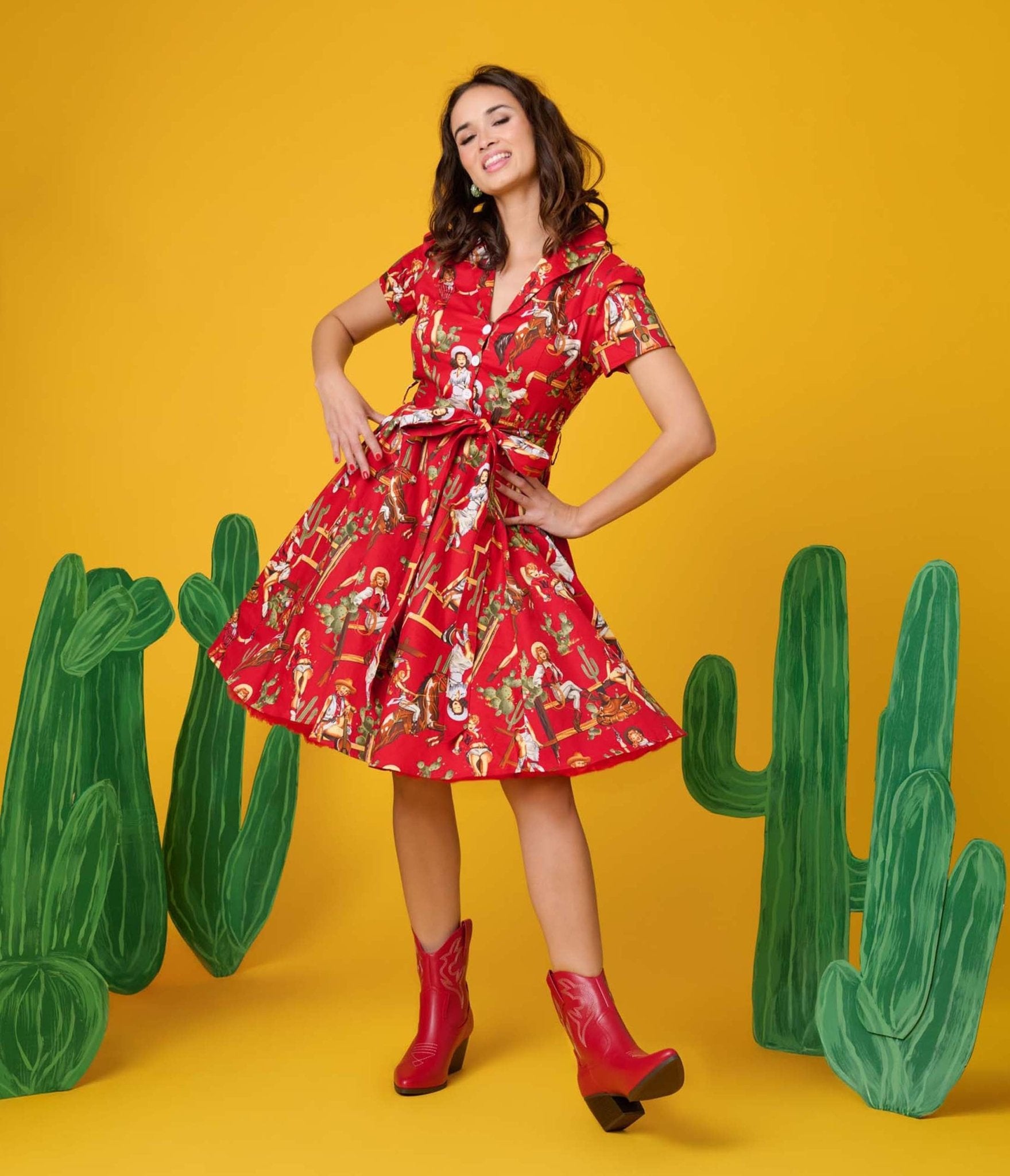 Stylish Red & Cowgirl Print Swing Shirt Dress for Women - Western Fashion Summer Casual Wear - Perfect for Rodeos, Country Concerts & Outdoor Events