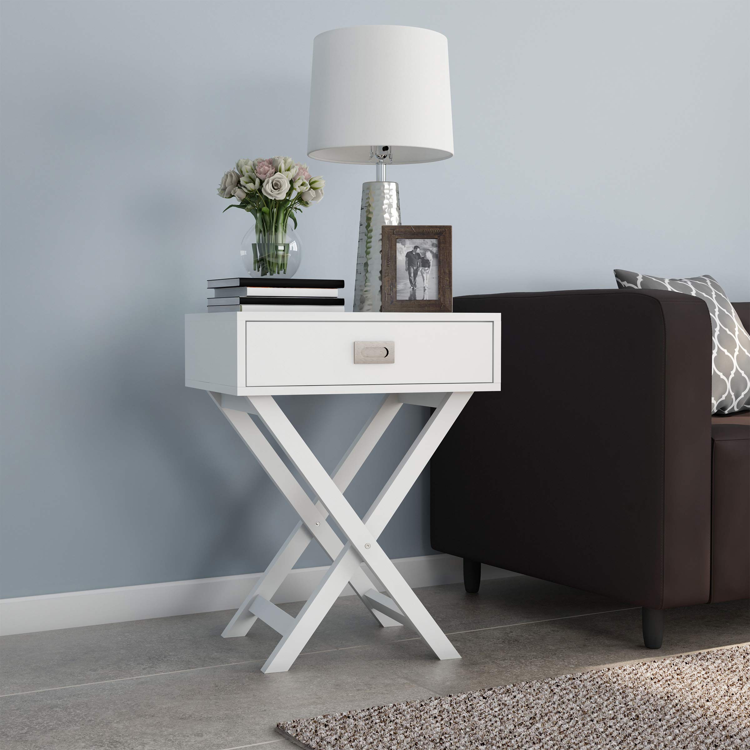 Modern X-Leg End Table with Drawer - Contemporary Wooden Sofa Side Table for Living Room & Bedroom - White Nightstand for Coffee, Books & Decor - Perfect for Small Spaces & Home Office