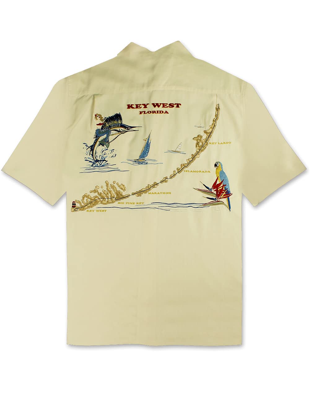 Bamboo Cay Men's Tropical Embroidered Camp Shirt with Key West Map Print - Breathable Casual Hawaiian Shirt for Beach Vacation, Summer Outings & Island Getaways