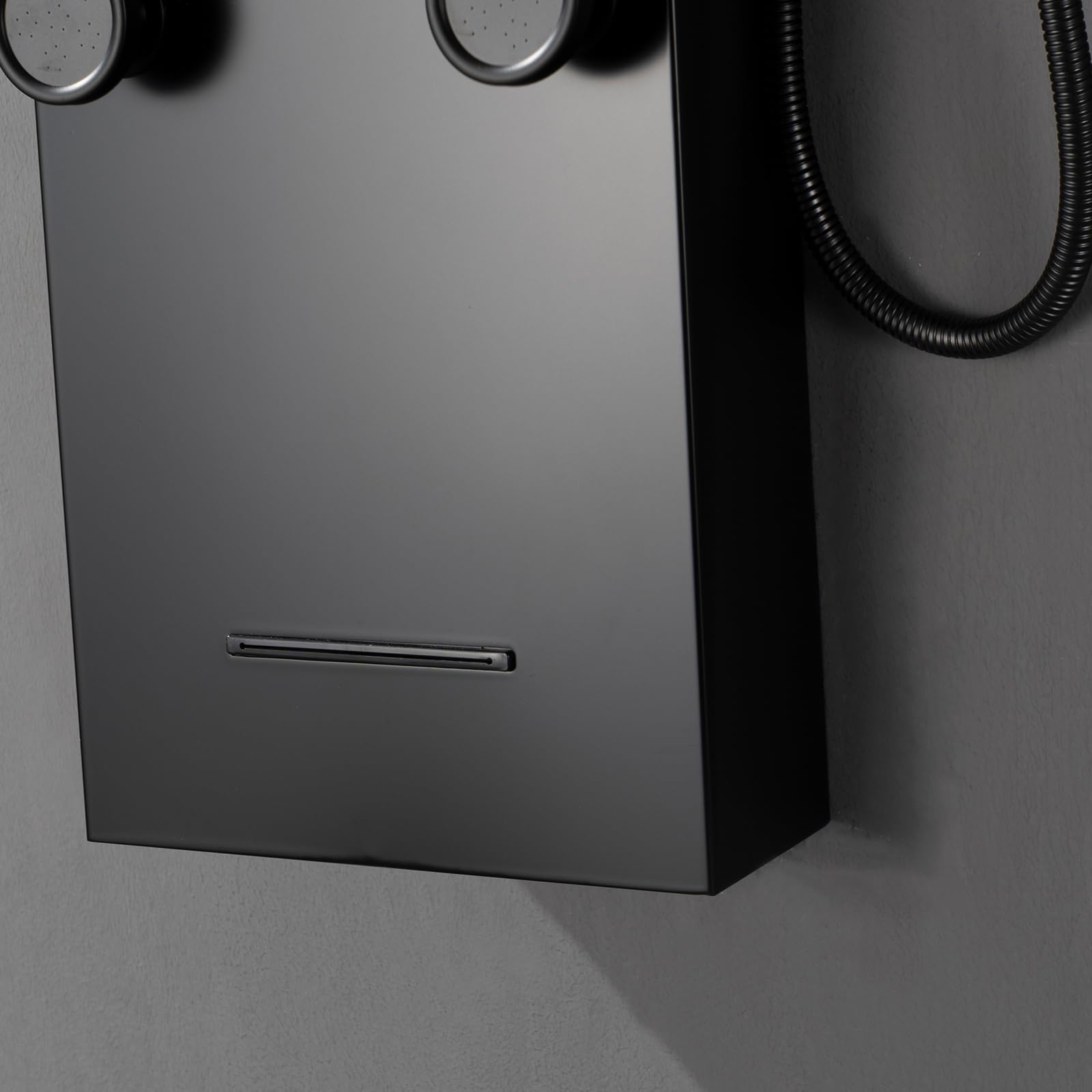 BWE LED Shower Panel System - Black Rainfall Shower Tower with Massage Body Jets, Stainless Steel Wall Mounted Shower Fixture with Temperature Display & Tub Spout - Perfect for Spa-Like Bathroom Experience & Modern Home Upgrade