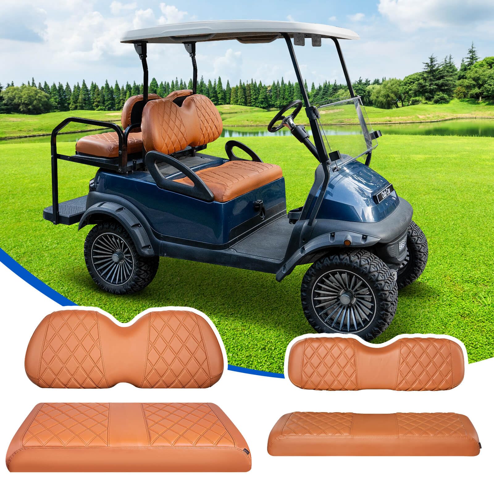 Premium 4-Piece Golf Cart Seat Cover Set for Club Car Precedent - Front & Rear Vinyl Diamond Pattern Covers Fits Original Regular Seat Cushions | No-Staple Installation | All Brown Color | Perfect for Golf Courses, Resorts & Outdoor Events