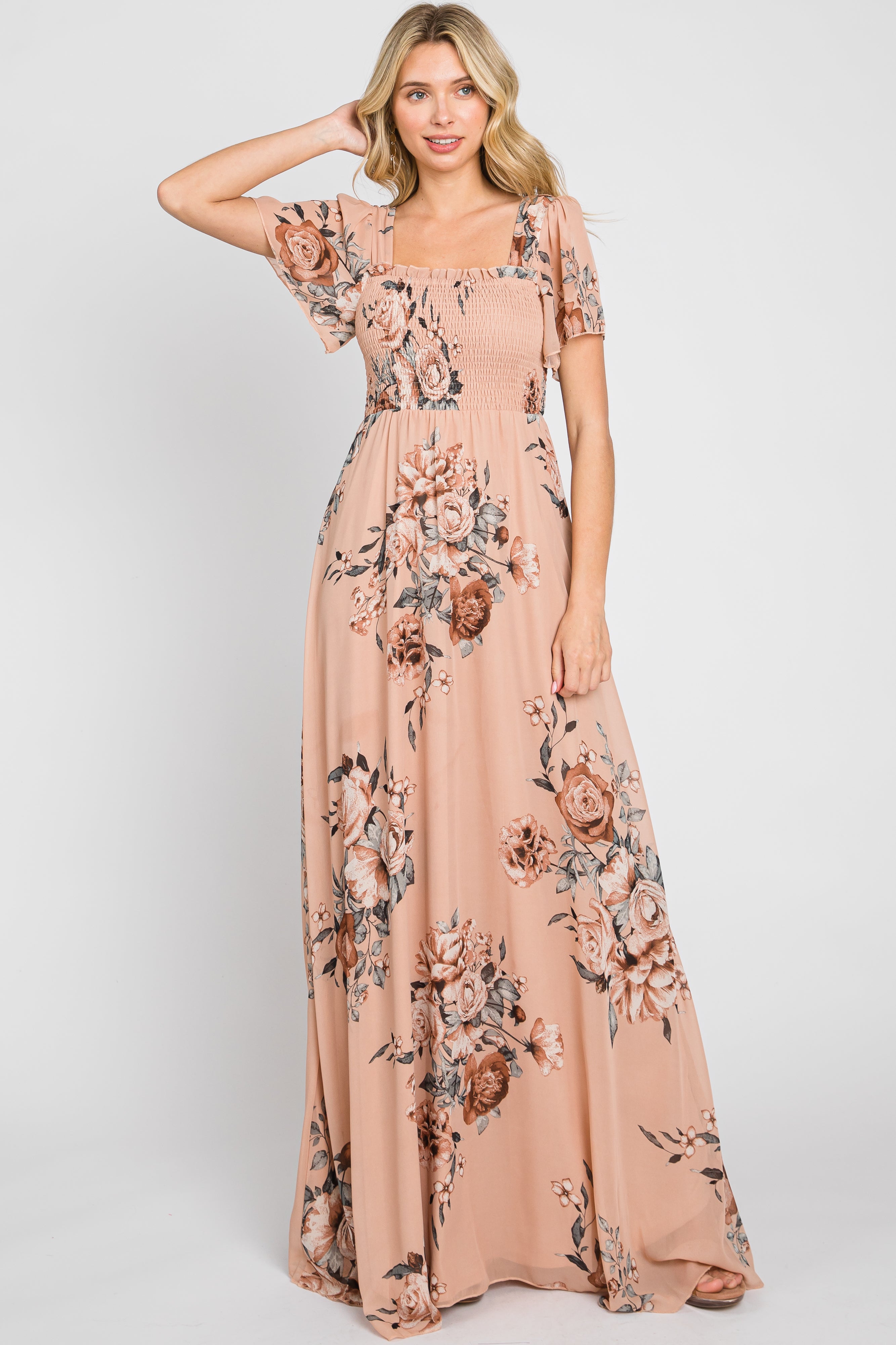 Beige Floral Chiffon Square Neck Smocked Short Sleeve Maternity Maxi Dress for Pregnancy, Nursing & Special Occasions - Comfortable Summer Maternity Dress for Baby Showers, Weddings & Beach Vacations