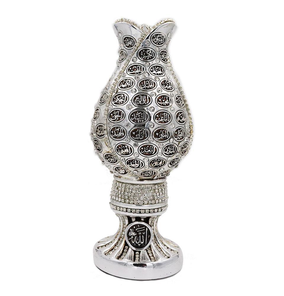 99 Names of Allah Silver Tulip Egg - Islamic Home Decor for Ramadan, Eid & Prayer Table - Perfect for Muslim Gift, Wedding & Religious Ceremonies