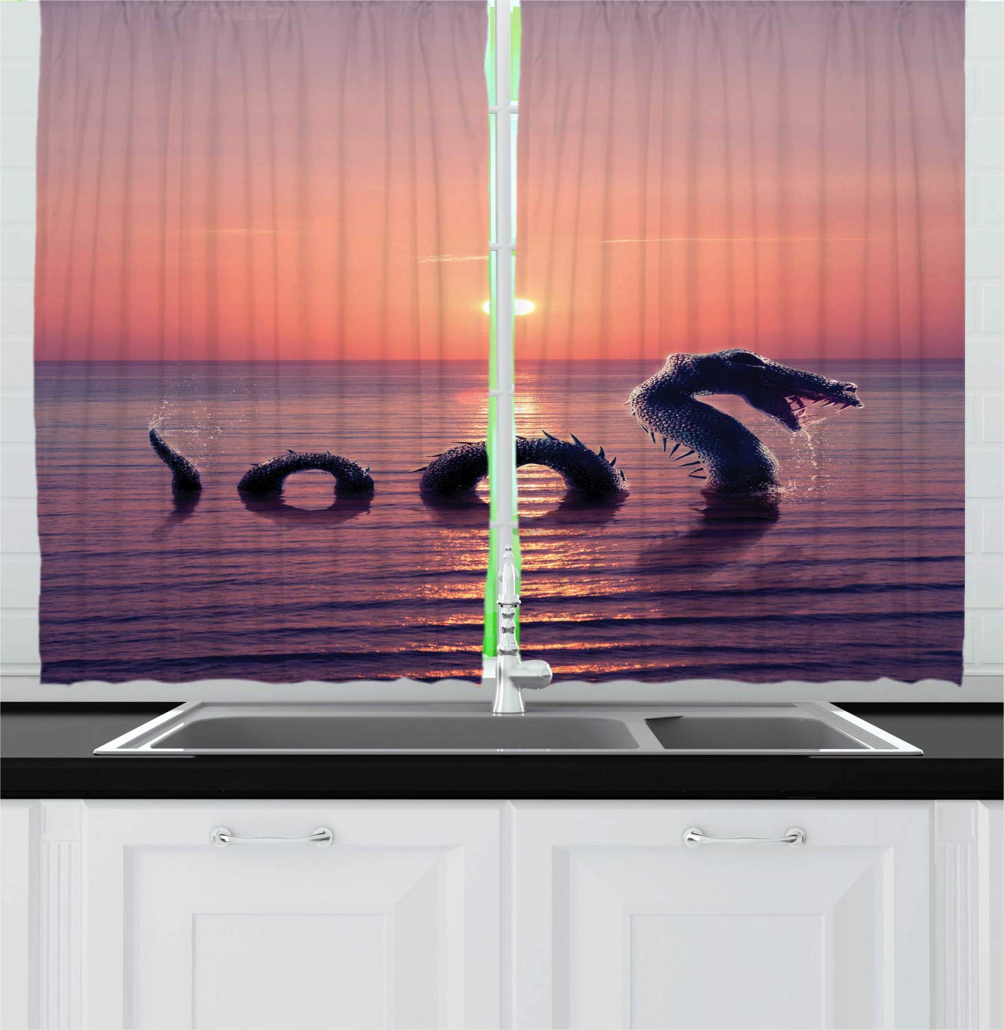 Ambesonne Sea Monster Kitchen Curtains - Loch Ness Monster Design with Open Mouth, 2 Panel Set for Windows, 55