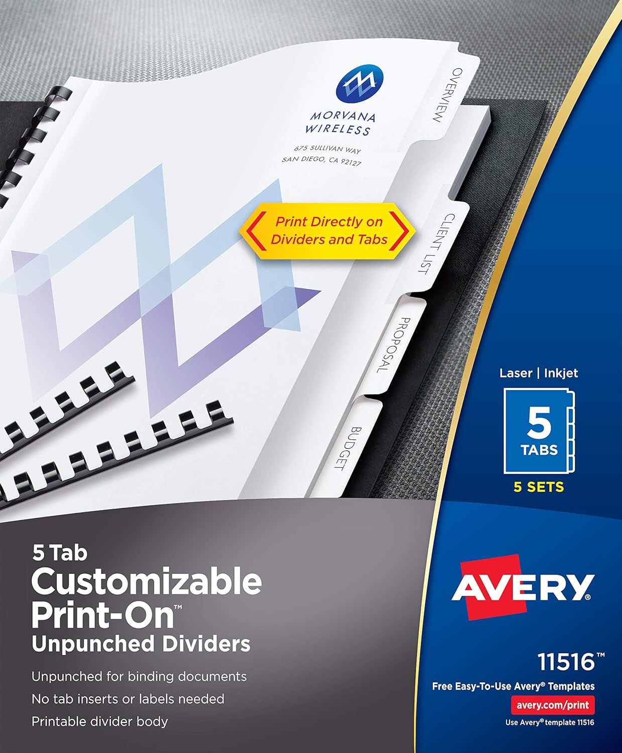 Avery® Customizable Print On Dividers - 5 Tab, 11 x 8.5 Inches, White, Unpunched, 5 Sets - Perfect for Office Organization, Filing Systems & School Binders
