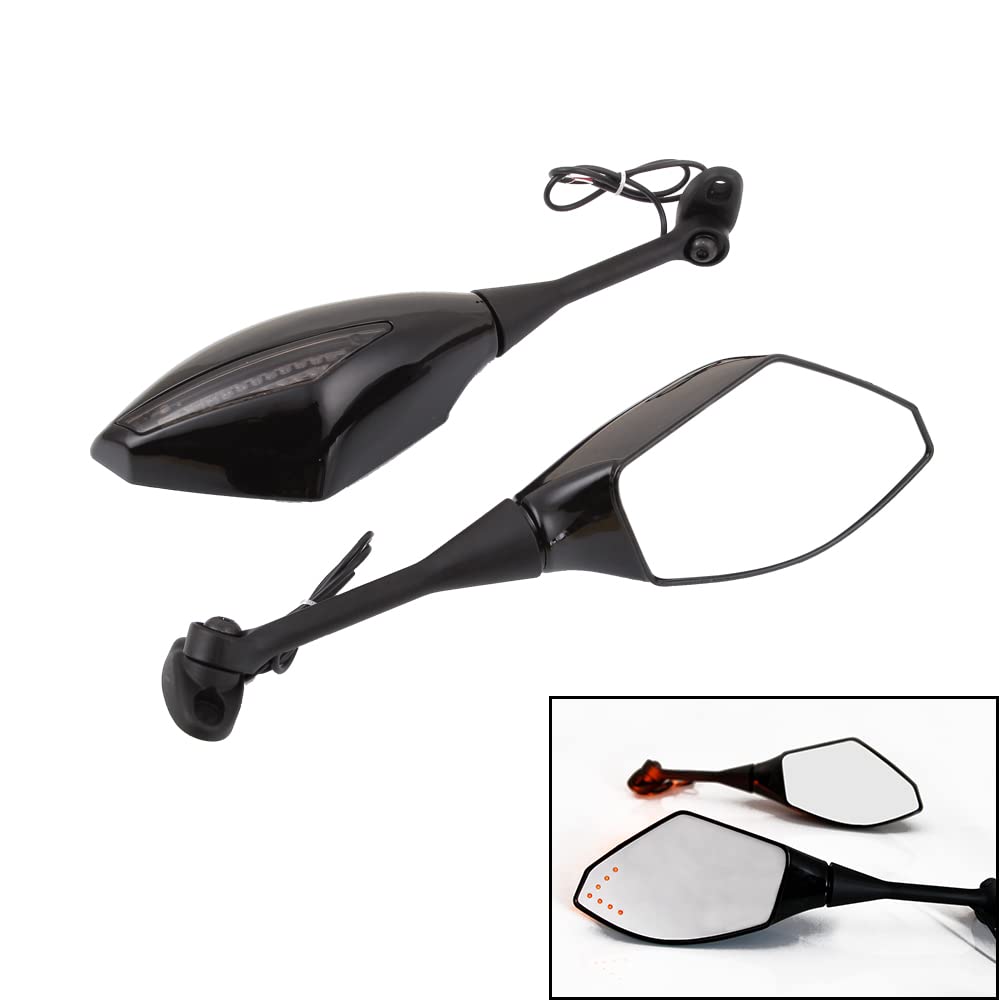 DREAMIZER Motorcycle Rear View Mirrors with Integrated Turn Signal Lights - Universal Fit for Honda CBR500RR CBR600RR CBR1000RR & Suzuki GSXR600 GSXR750 - Gloss Black with Yellow Arrow Indicators - Enhanced Safety for Night Riding and Urban Commuting