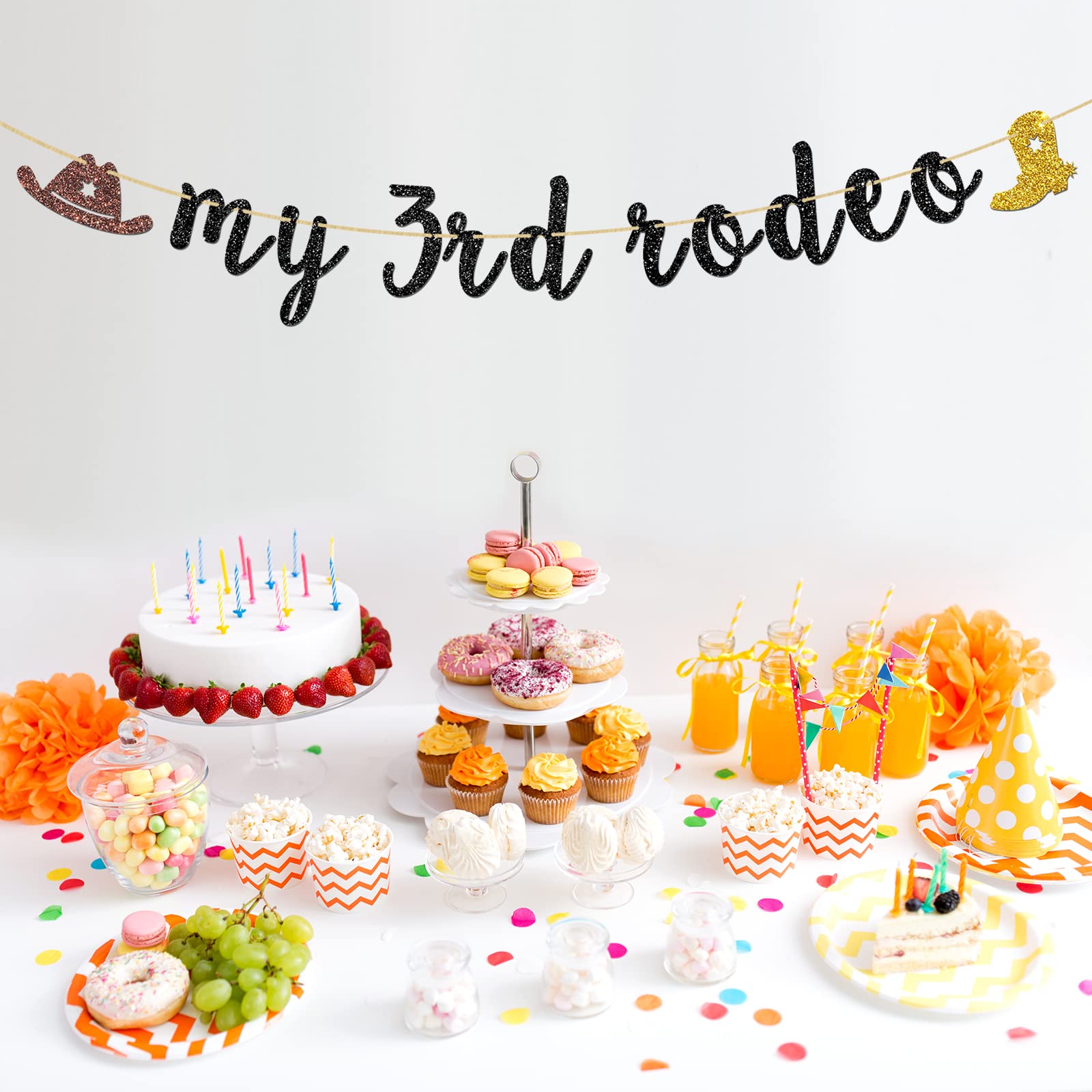 INNORU My 3rd Rodeo Banner - Mexican Themed 3rd Birthday Party Decorations for Cowboy & Cowgirl Western Party - Black Glitter Backdrop for Wild West Birthday Celebrations & Photo Booth Backgrounds