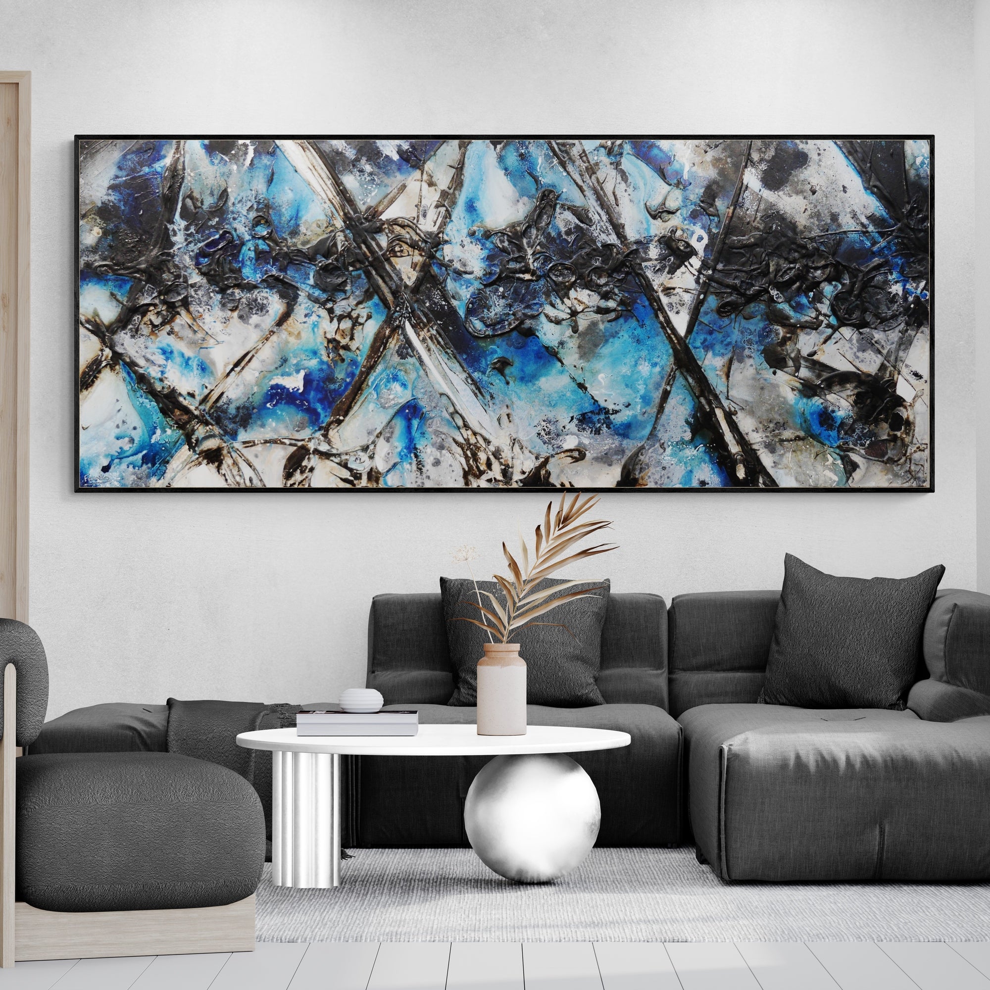 Blue Steel 240cm x 100cm Abstract Textured Painting in Blue, Black & White - Modern Wall Art for Living Room, Bedroom or Office Decor