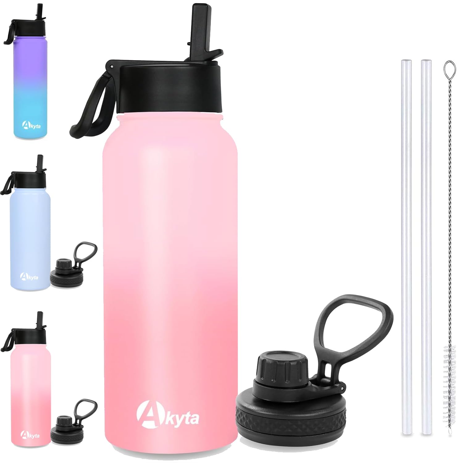 Akyta 32oz Insulated Stainless Steel Water Bottle with Straw Lid - Vacuum Sealed Double Wall Thermos for Hot & Cold Drinks - Leakproof Sports Water Bottle for Gym, Hiking, Travel & Outdoor Activities (Pink, 32oz)