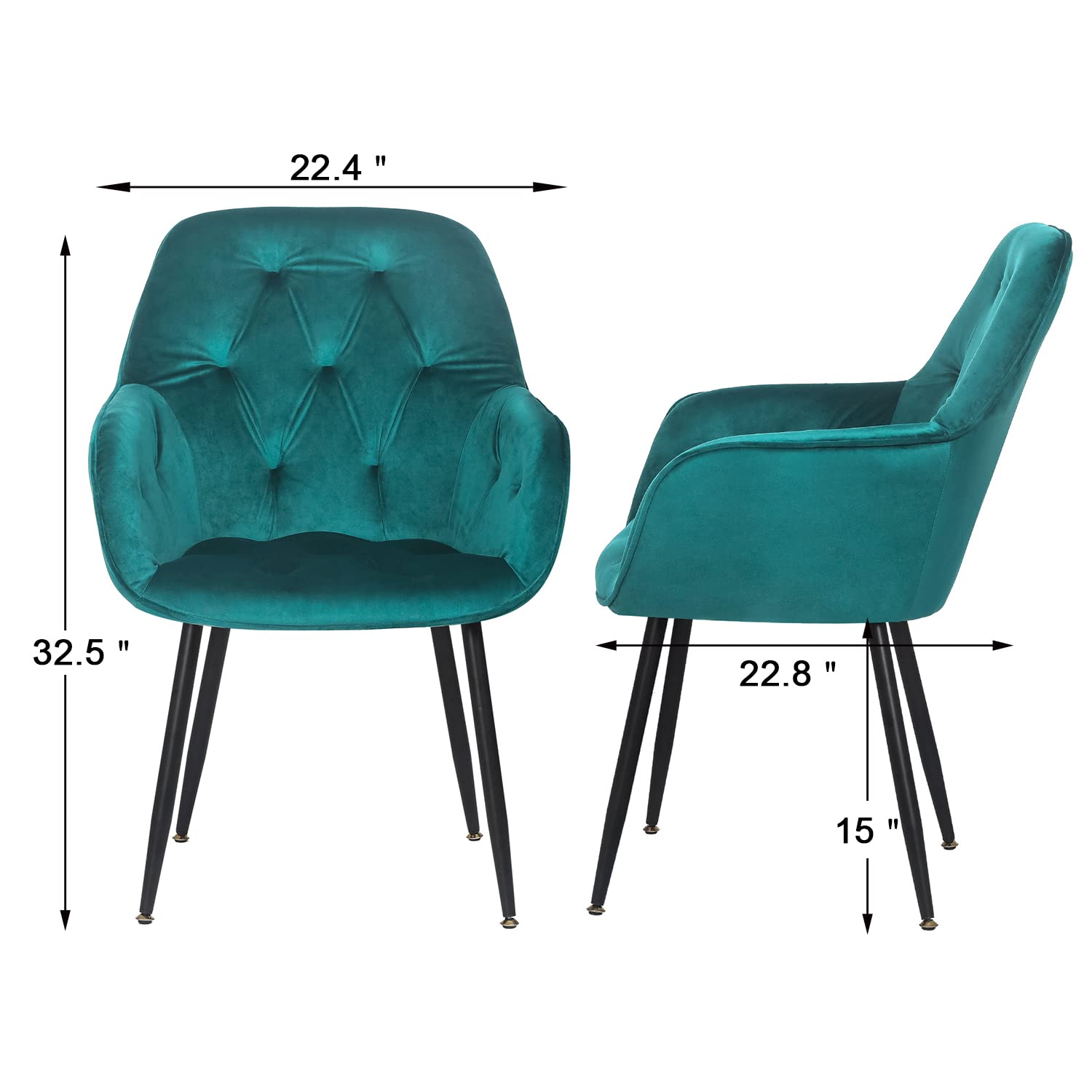 Modern Velvet Dining Chair Set of 2 - Upholstered Vanity Chairs with Non-Slip Mat & Arms for Living Room, Dressing Room, Office - Green Luxury Seating for Home Decor & Entertaining