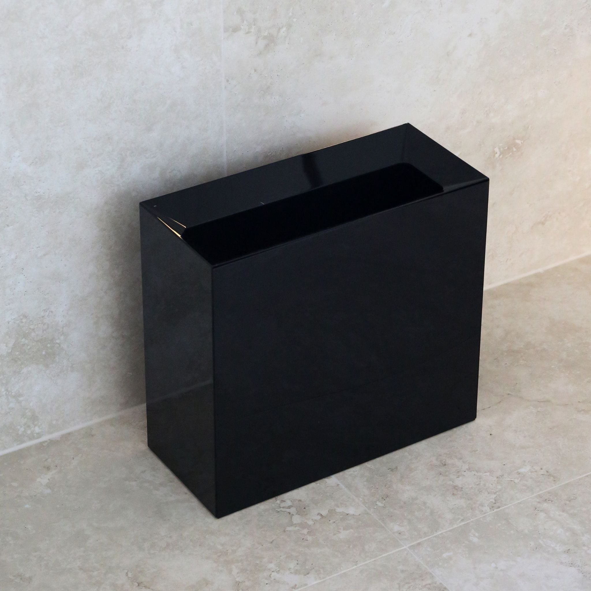 YAMAZAKI Tower Rectangular Trash Can - 12L Slim Stainless Steel Waste Bin for Kitchen, Bathroom & Office - Space Saving Modern Design (Black)