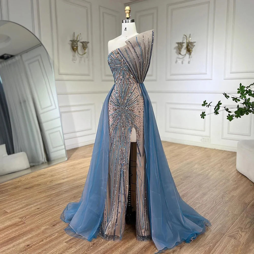 Luxury Beaded Mermaid Evening Dress with Overskirt - Serene Hill Blue High Slit Dubai Wedding Party Gown for Women 2025 | Elegant Formal Wear for Red Carpet, Gala & Special Occasions