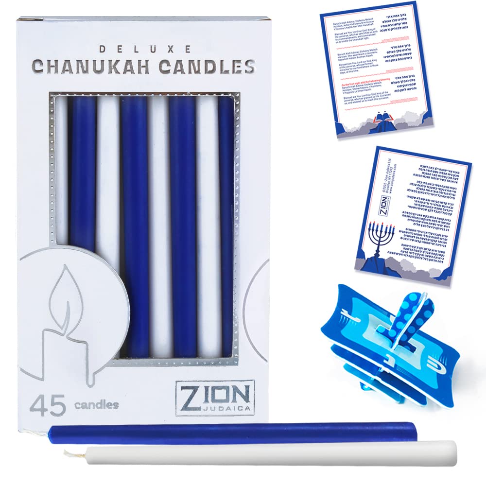 Premium Hanukkah Candles Set - 45 Blue & White Chanukah Candles for Menorah, Includes DIY Dreidel & Prayer Card - Zion Judaica - Perfect for Hanukkah Celebrations, Jewish Holidays & Home Decor
