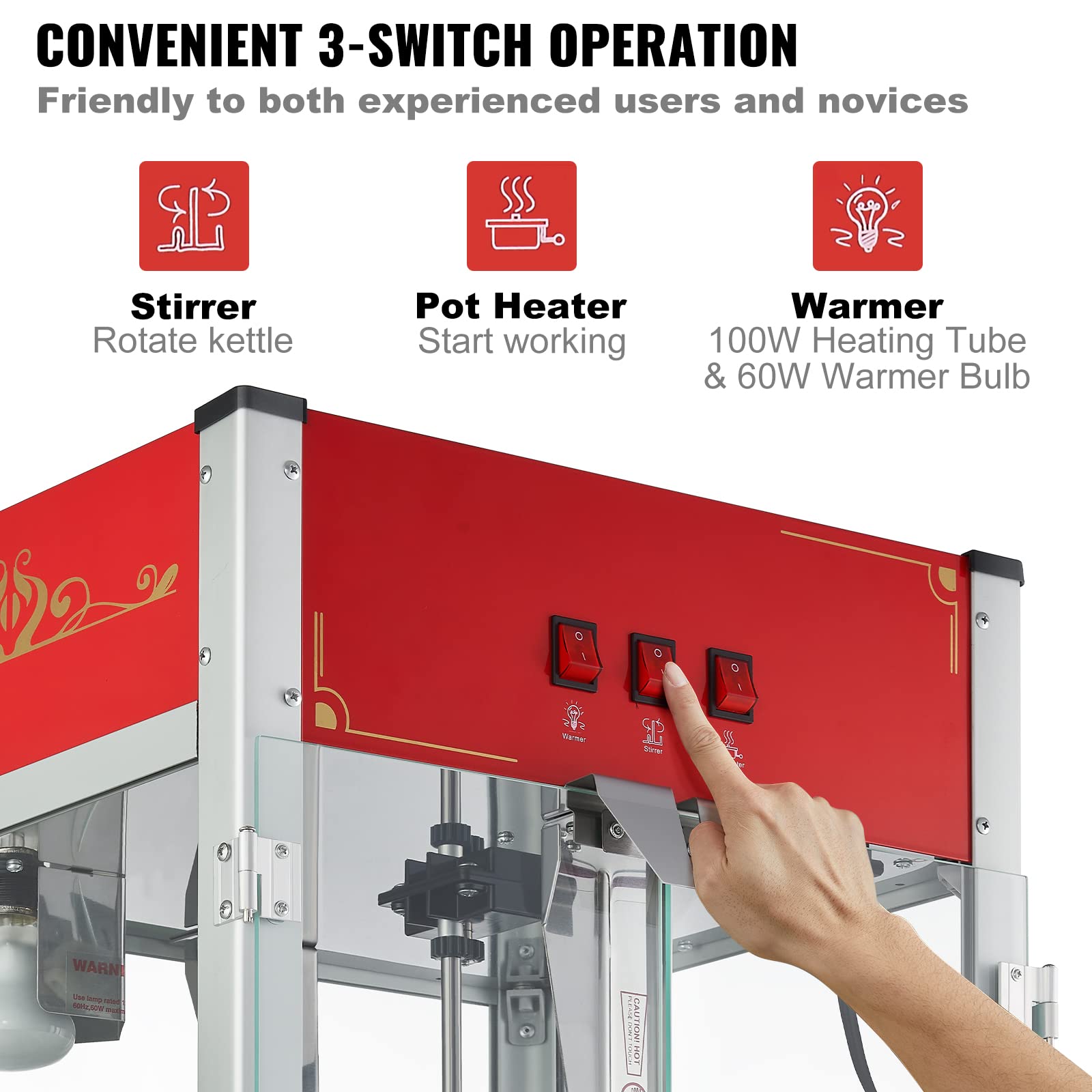 VEVOR 12 Oz Commercial Popcorn Machine - 1440W Theater Style Popper with 3-Switch Control, Steel Frame & Tempered Glass - Makes 80 Cups per Batch (Includes Scoop & 2 Spoons, Red) - Perfect for Movie Theaters, Carnivals, and Home Entertainment