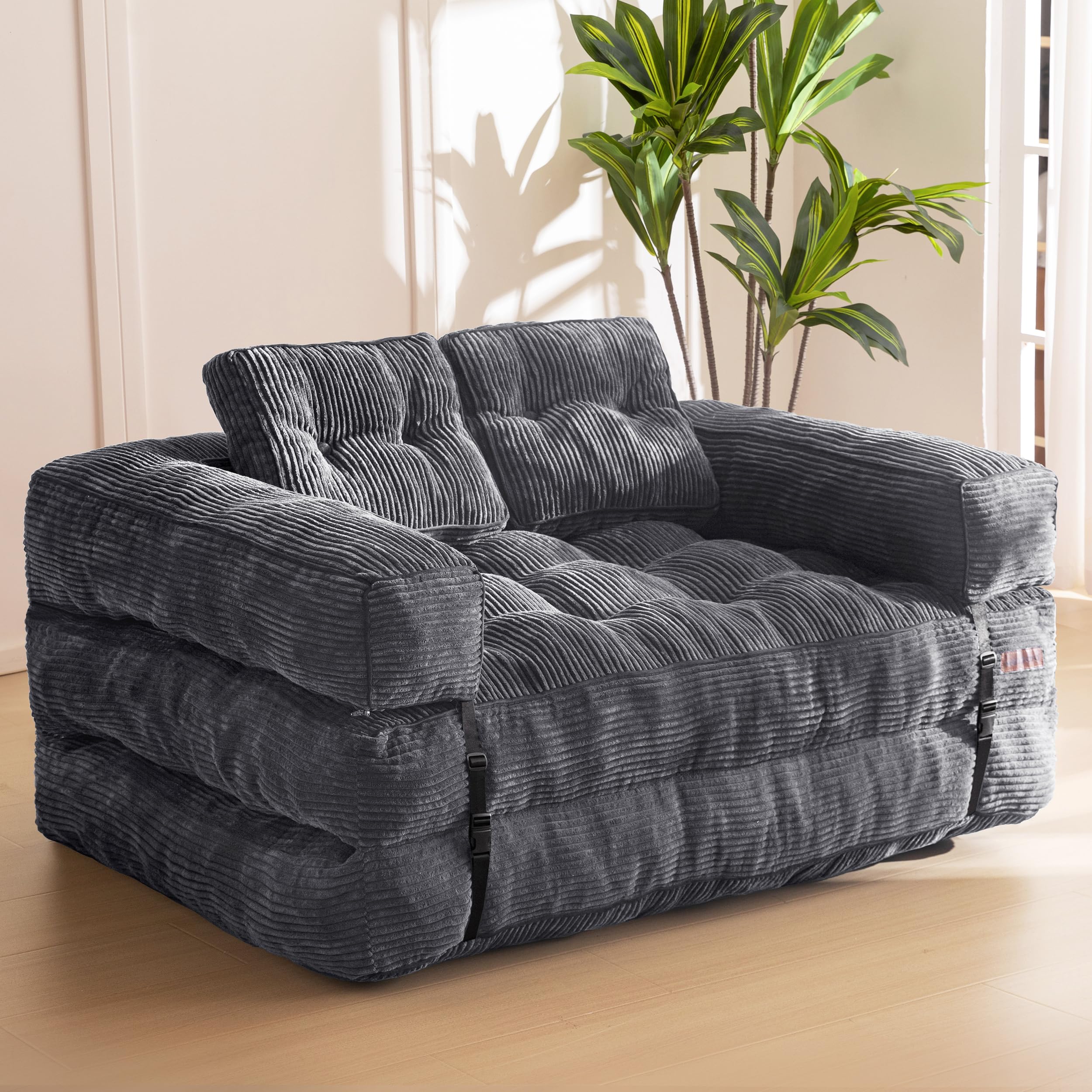 MAXYOYO L-Shaped Folding Sofa Bed - Convertible Sleeper Couch with Armrest & Pillow, Portable Foldable Floor Lounger for Small Spaces - Perfect for Living Room, Bedroom, Guest Room & Studio Apartments (Double Size, Dark Grey)