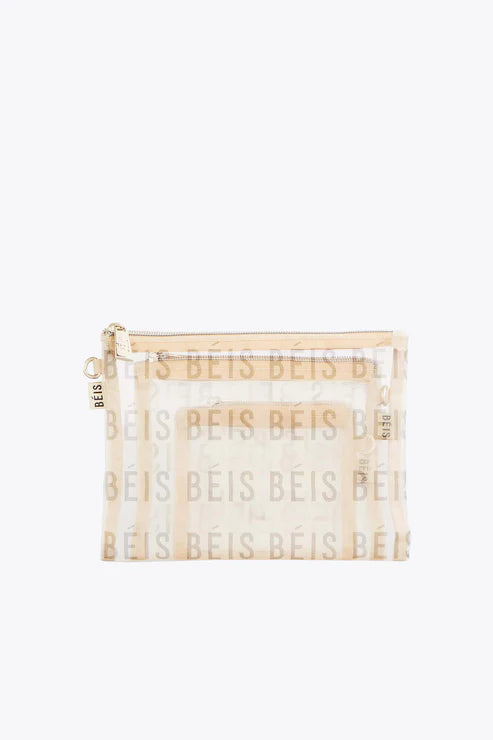 Beige Mesh Pouch Trio Set - Breathable Storage Bags for Travel, Gym & Organizing Jewelry, Makeup & Small Essentials