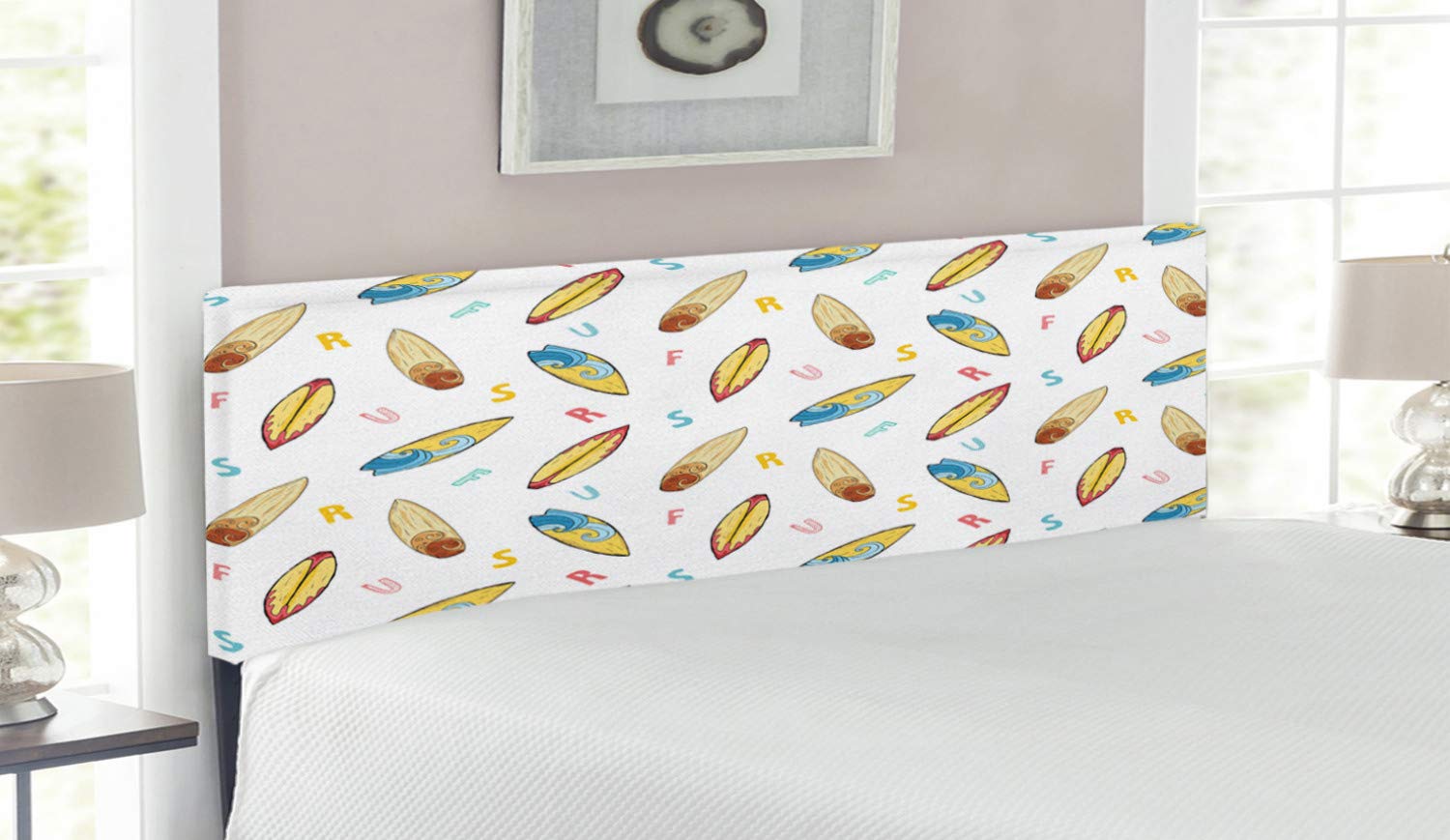 Ambesonne Surfboard Headboard - Hand Drawn Sketch Style Longboard with Colorful Letters, Nautical Themed Upholstered Metal Bed Headboard with Memory Foam, Queen Size, Multicolor - Perfect for Beach House, Surf Lover's Bedroom or Coastal Themed Decor