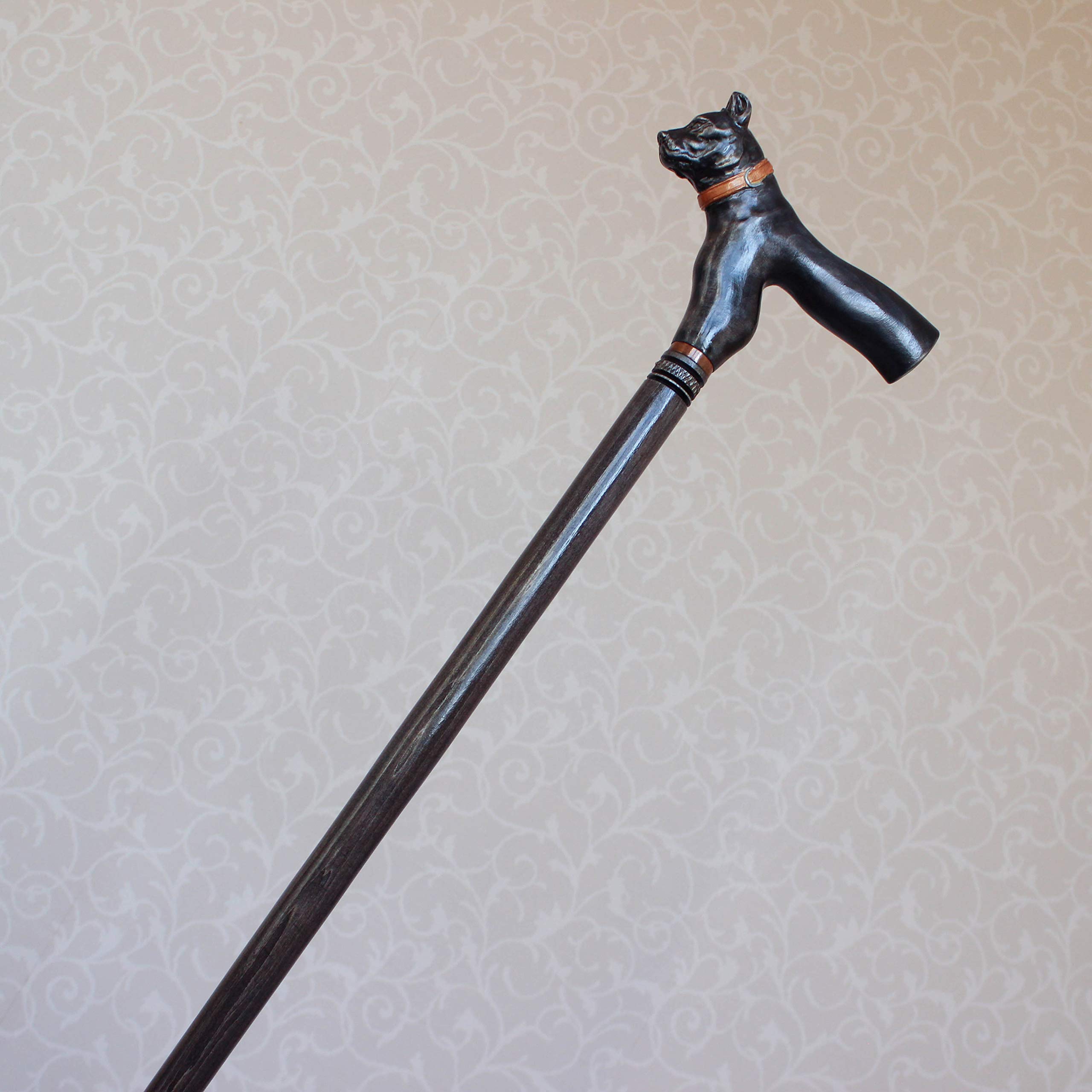 Hand Carved Black Wooden Pitbull Dog Walking Cane - Unique Handmade Hiking Stick for Outdoor Adventures, Pet Lovers & Nature Walks