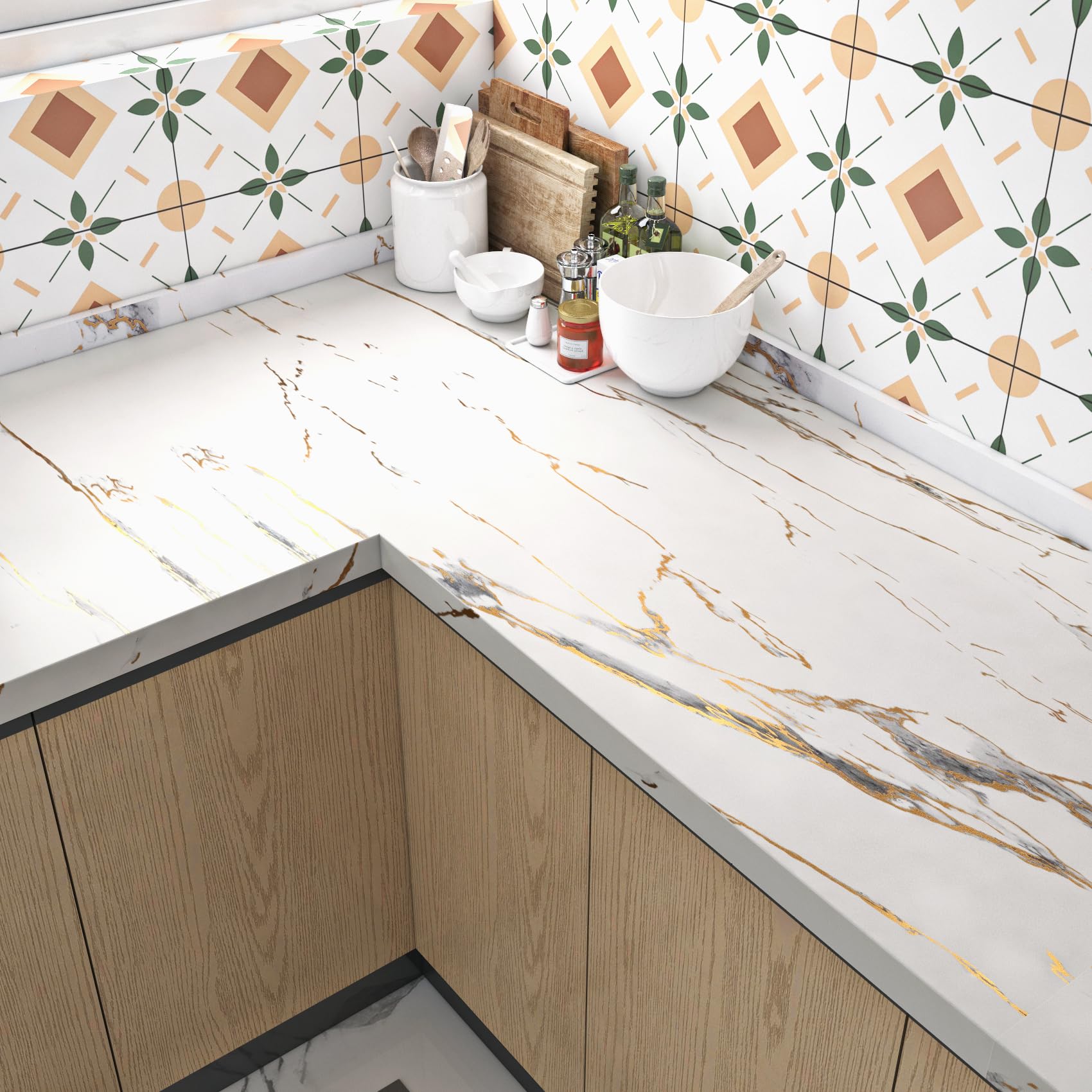 FunStick 40CMx6M Gold White Marble Contact Paper - Waterproof Self-Adhesive Vinyl for Countertops, Cabinets & Walls | Peel & Stick Wallpaper for Kitchen, Bathroom & Home Decor