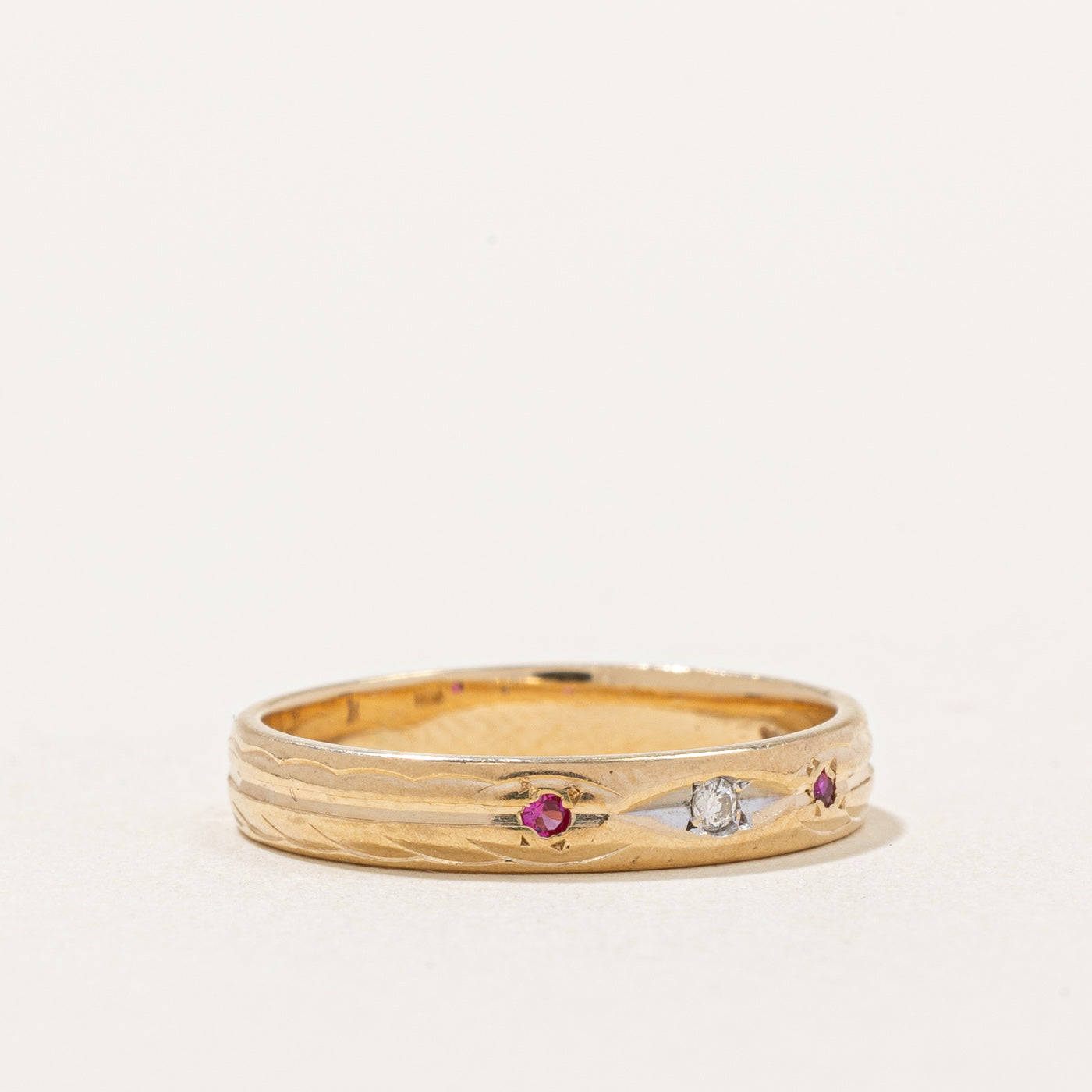 Synthetic Ruby & Diamond Flush Set Wedding Band Ring | 0.03ctw 0.02ct | Size 5.25 | Elegant Jewelry for Engagement, Anniversary & Special Occasions