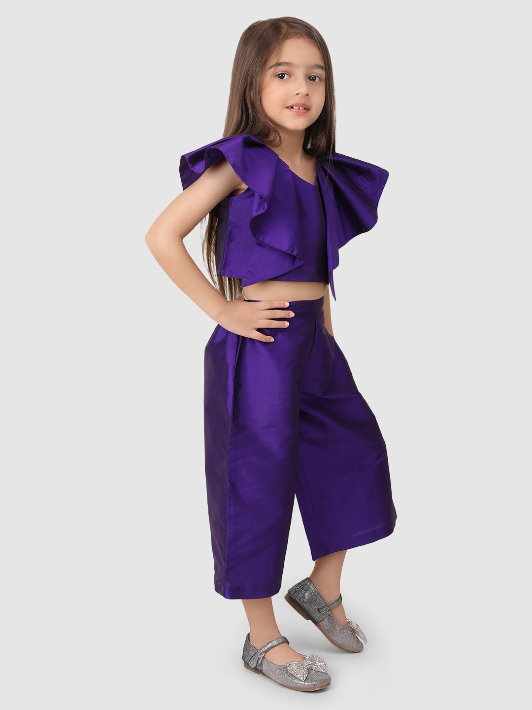 Burgundy Pleated Blouse & Culottes Set - Women's Elegant Ruffle Top & High Waist Wide Leg Pants for Office, Party & Special Occasions