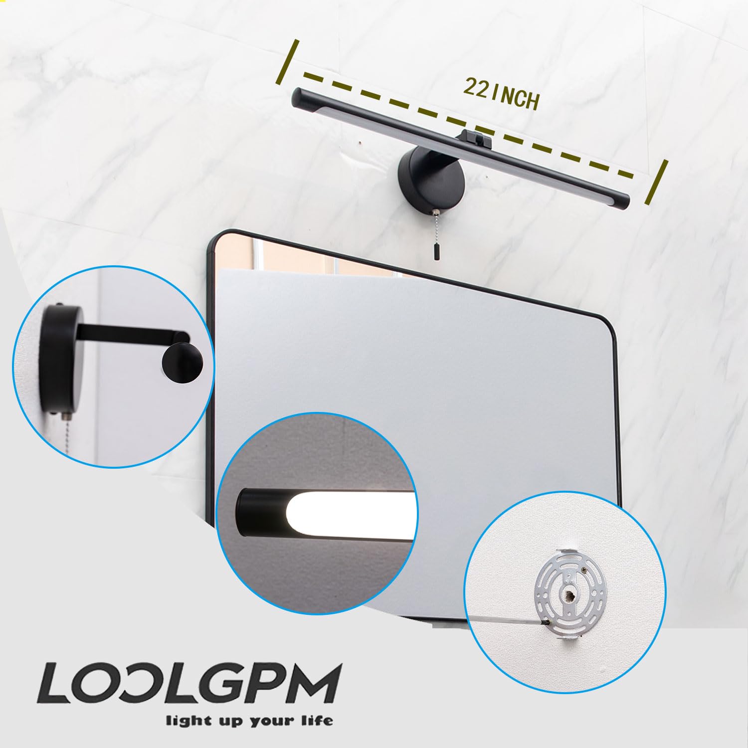22 Inch Modern Black Bathroom Vanity Light - 10W LED Bar Light Fixture for Mirror, 4000K Wall Sconce with Pull Chain Switch - Perfect for Bathroom, Powder Room & Dressing Room Lighting