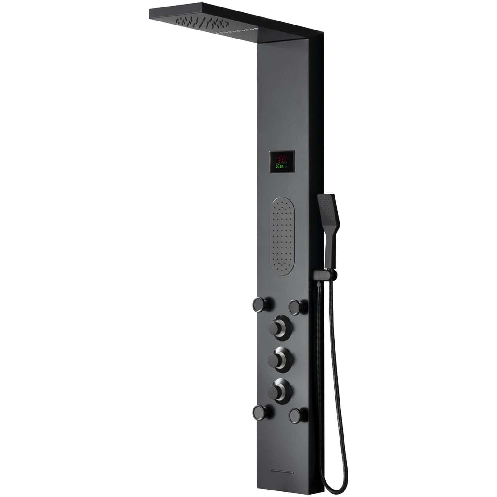 Black LED Shower Panel Tower System with LCD Temperature Display - Large Area Body Jet Massage Shower Fixtures, Adjustable Jets, Tub Spout & Hand Shower | Perfect for Modern Bathrooms, Spa-Like Experience at Home, Luxury Bathroom Upgrade