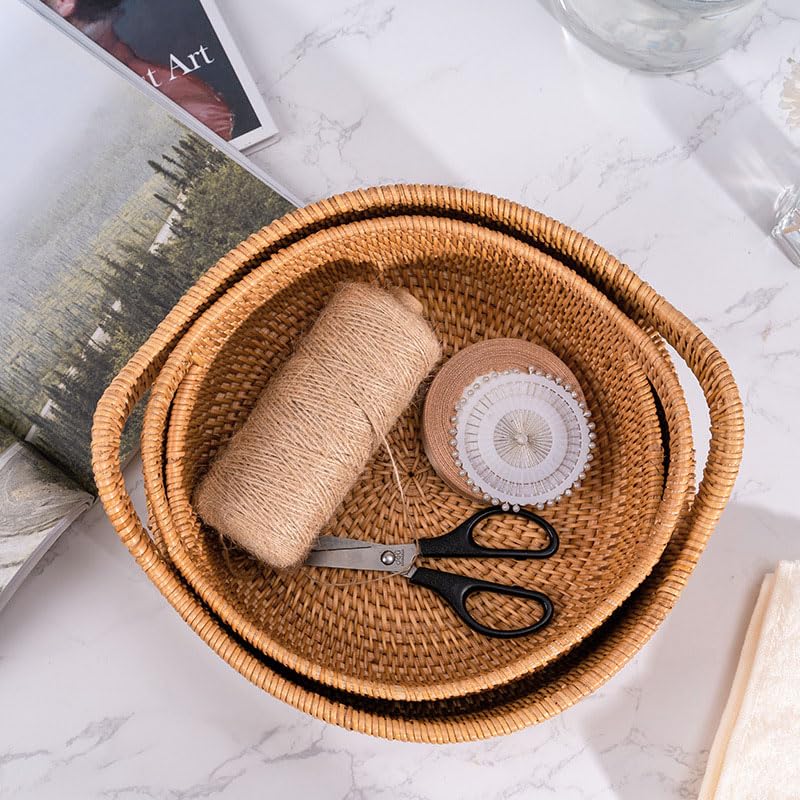 Handwoven Rattan Storage Basket with Handles - Set of 2 for Fruit, Bread & Home Organization | Perfect for Kitchen, Dining Room & Farmhouse Decor