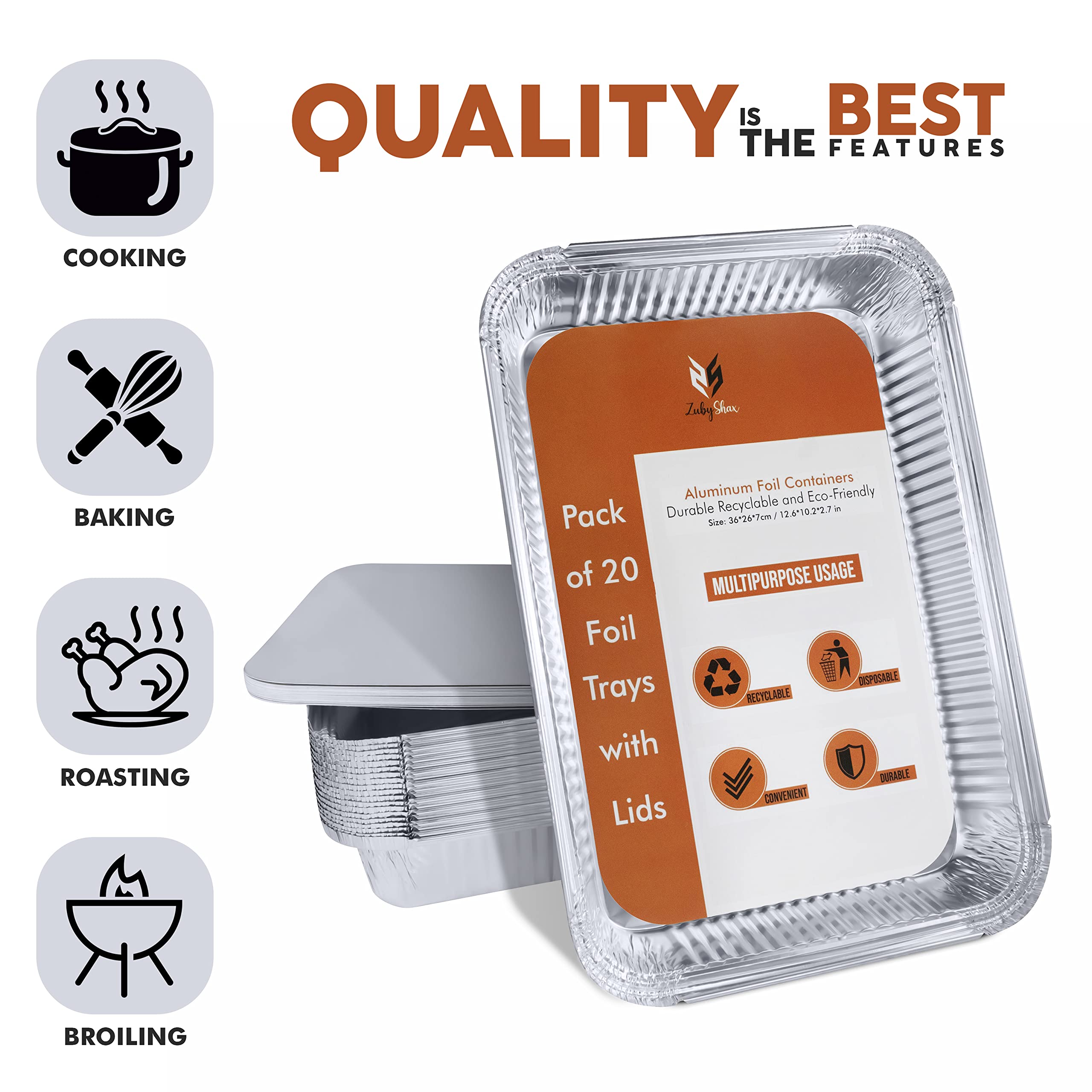 ZubyShax 20 Pack Disposable Aluminum Foil Pans - 32x21x5.5cm (12.6x8.3x2.2in) 2300ml Baking Trays with Lids, Oven Safe Food Storage Containers for BBQ, Roasting, Baking, Meal Prep & Party Serving