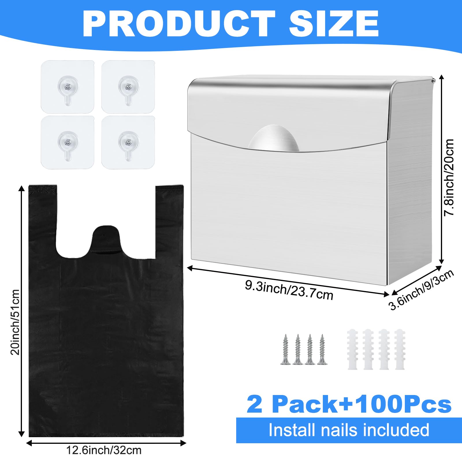 2 Pack Stainless Steel Feminine Hygiene Disposal Bin - Wall Mounted Sanitary Napkin & Tampon Waste Container with 100 Disposal Bags | Ideal for Bathrooms, Restrooms, and Public Washrooms