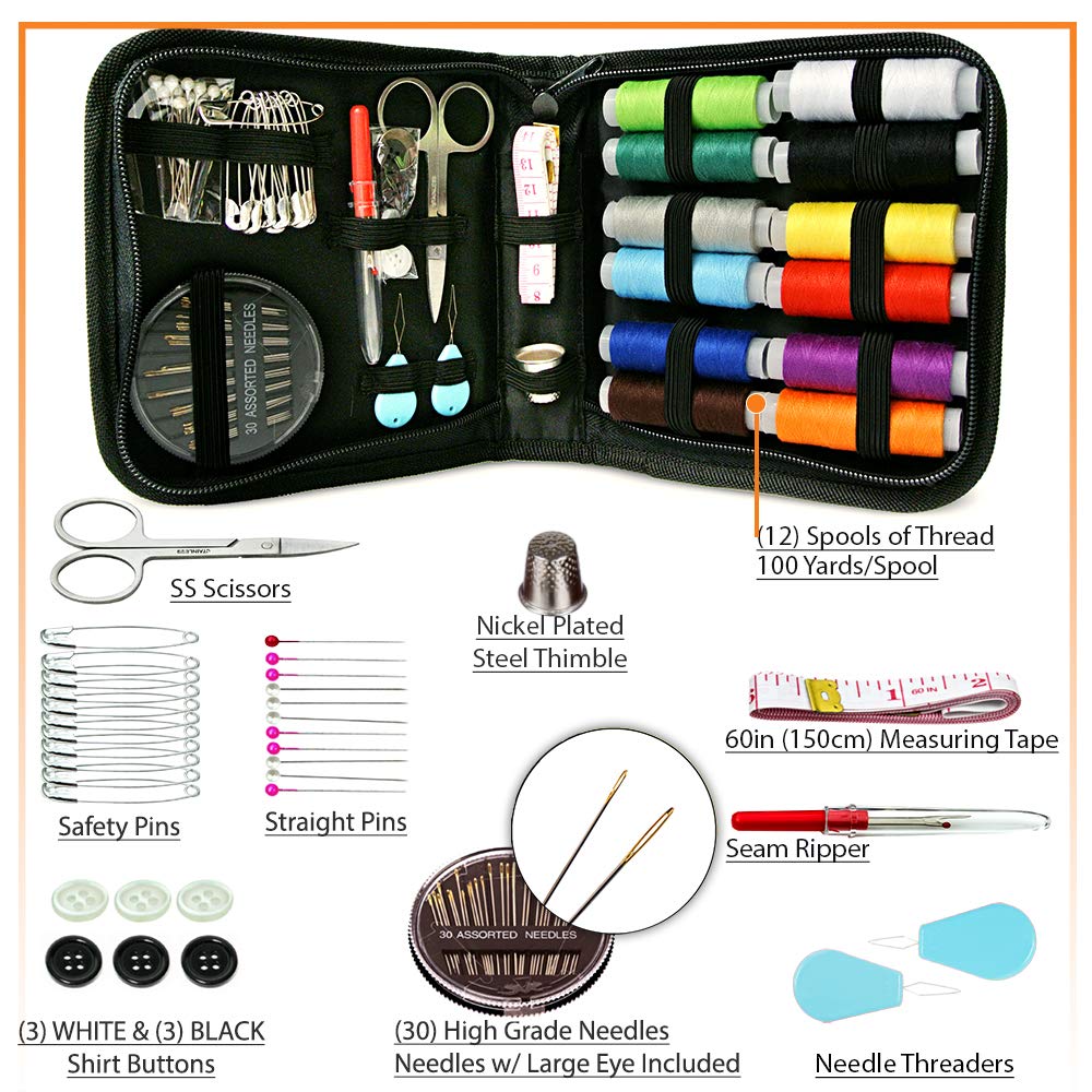 Vellostar Small Black Sewing Kit with Thread Set - Essential Sewing Supplies for Basic Repairs & Emergency Fixes | Perfect for Travel, Home, Office & DIY Projects