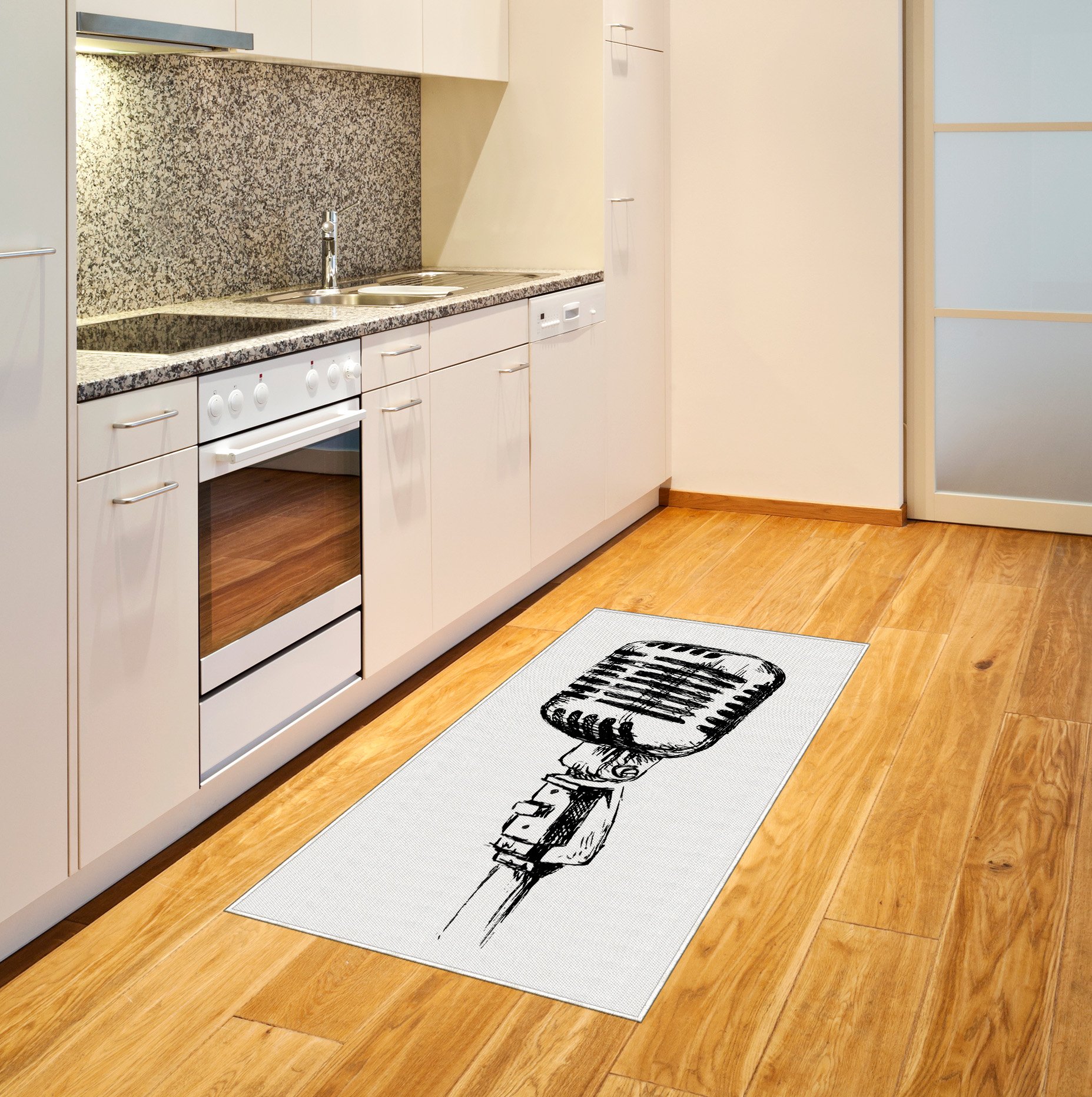 Hand Drawn Monochrome Old Microphone Music Area Rug - Flat Woven Accent Rug for Living Room, Bedroom, Dining Room - 2'6