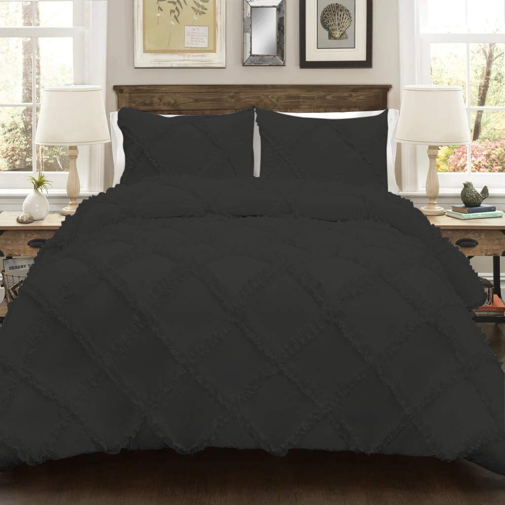 Luxury 800 Thread Count Egyptian Cotton Duvet Cover Set - Queen/Full Size, Diamond Cross Ruffle Design with Zipper & Corner Ties (Grey) - Perfect for Master Bedroom, Guest Room & Hotel Style Bedding